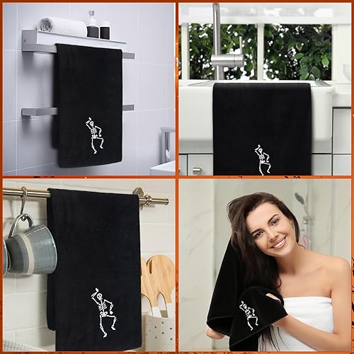 Miniatura 6 de Newwiee 3 toallas de mano de esqueleto de Halloween de 14 x 30 pulgadas, toalla de baño de algodón bordado gótico negro para Halloween, cocina,