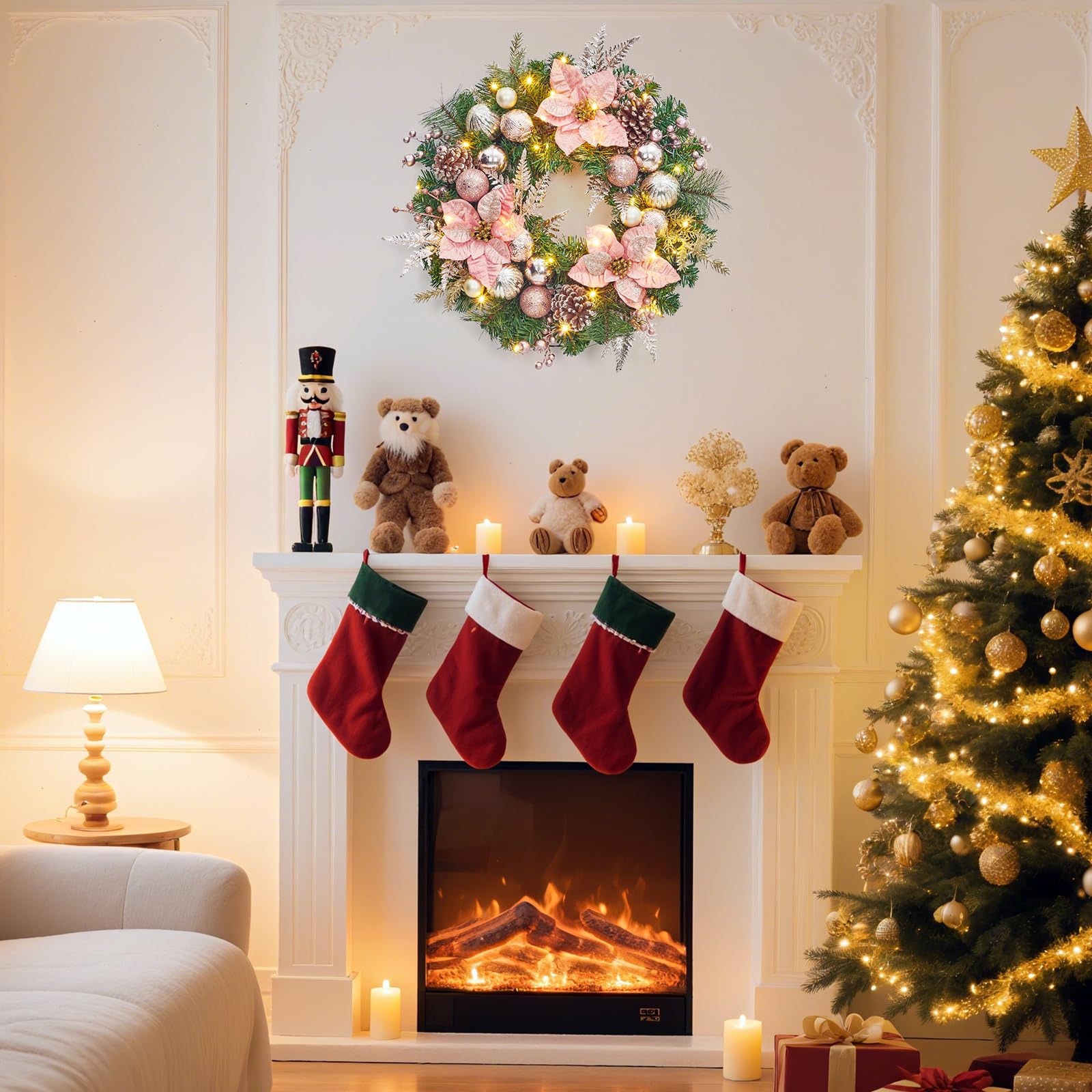 Coronas de Navidad para puerta delantera, corona de Navidad grande de 22 pulgadas con luces, corona navideña iluminada con adornos de bolas de flores para ventana de chimenea, funciona con