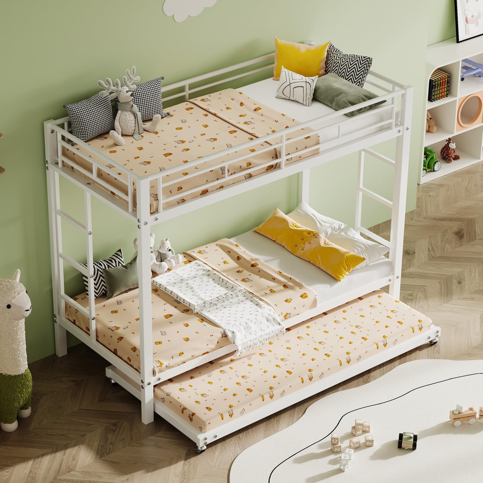 YEHTOKHOME Litera de 3 plazas 90 x 190 de metal con cama Gigogne, Convertible en 3 camas individuales, escalera antideslizante, barreras de seguridad, para adolescentes (sin colchón)(blanco, C)