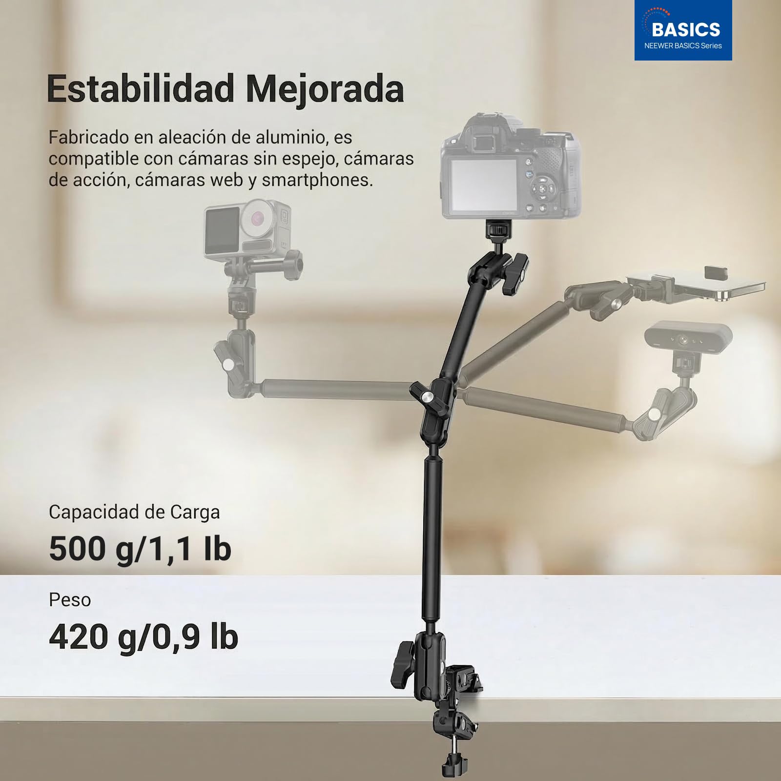 NEEWER Basics - Soporte de Mesa Magic Arm, 55 cm, Brazo micrófono Overhead Porta móvil Escritorio con roscas 1/4" 3/8" para Arri, para DSLR Action CAM Webcam Mic luz LED para ripese vídeo, UA061