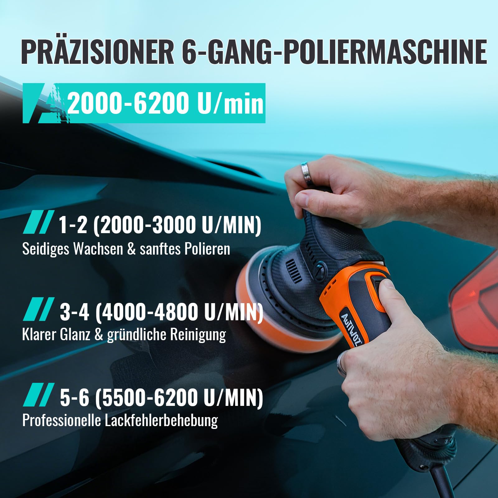 AUTIWOZ W01 125mm Auto Poliermaschine,Kleine Exzenterpolierer,9mm Orbit Politur Set,Polier maschine mit 6 variablen Geschwindigkeiten (2000-6200 U/min),für Autodetailing Polieren und Wachsen