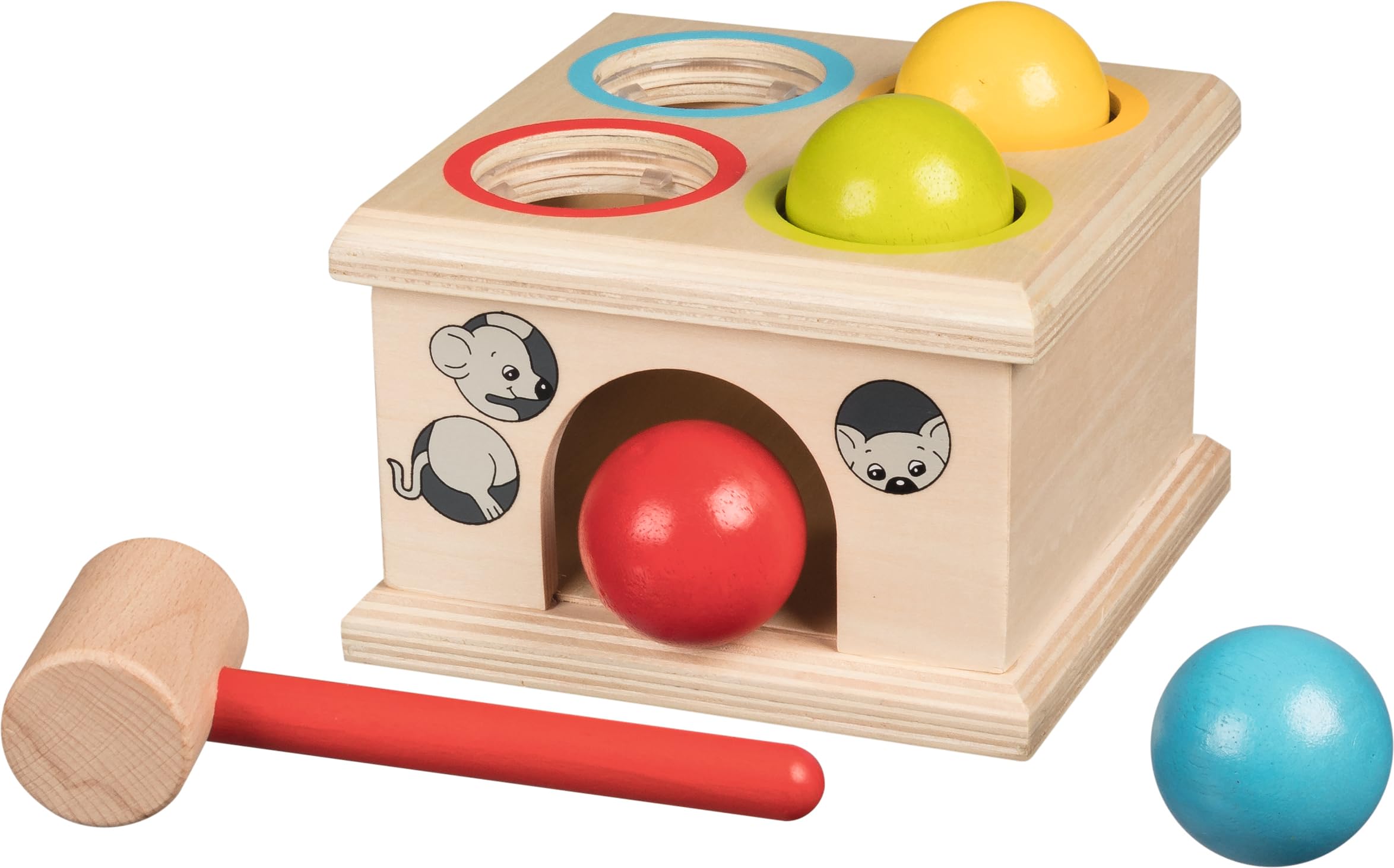 goki WM914 - Klopfspiel Fang die Maus Fidu aus Holz, Motorikspielzeug für Kinder, Holzspielzeug mit 4 Kugeln und Hammer, Pädagogisches Lernspiel zur Förderung der Feinmotorik, 6er Set, ab 1 Jahr