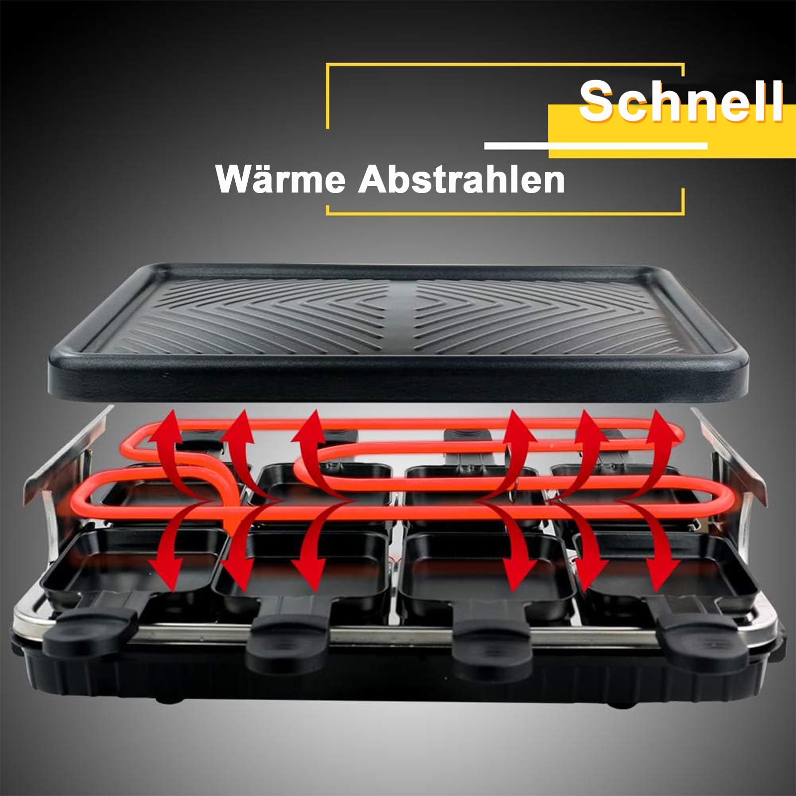 Raclette 8 Personen - Raclette Grill Antihaft Beschichtung Grillpfanne mit 8 Mini Raclette Pfännchen und 4 Holzspatel Raklettgerät, 1300W