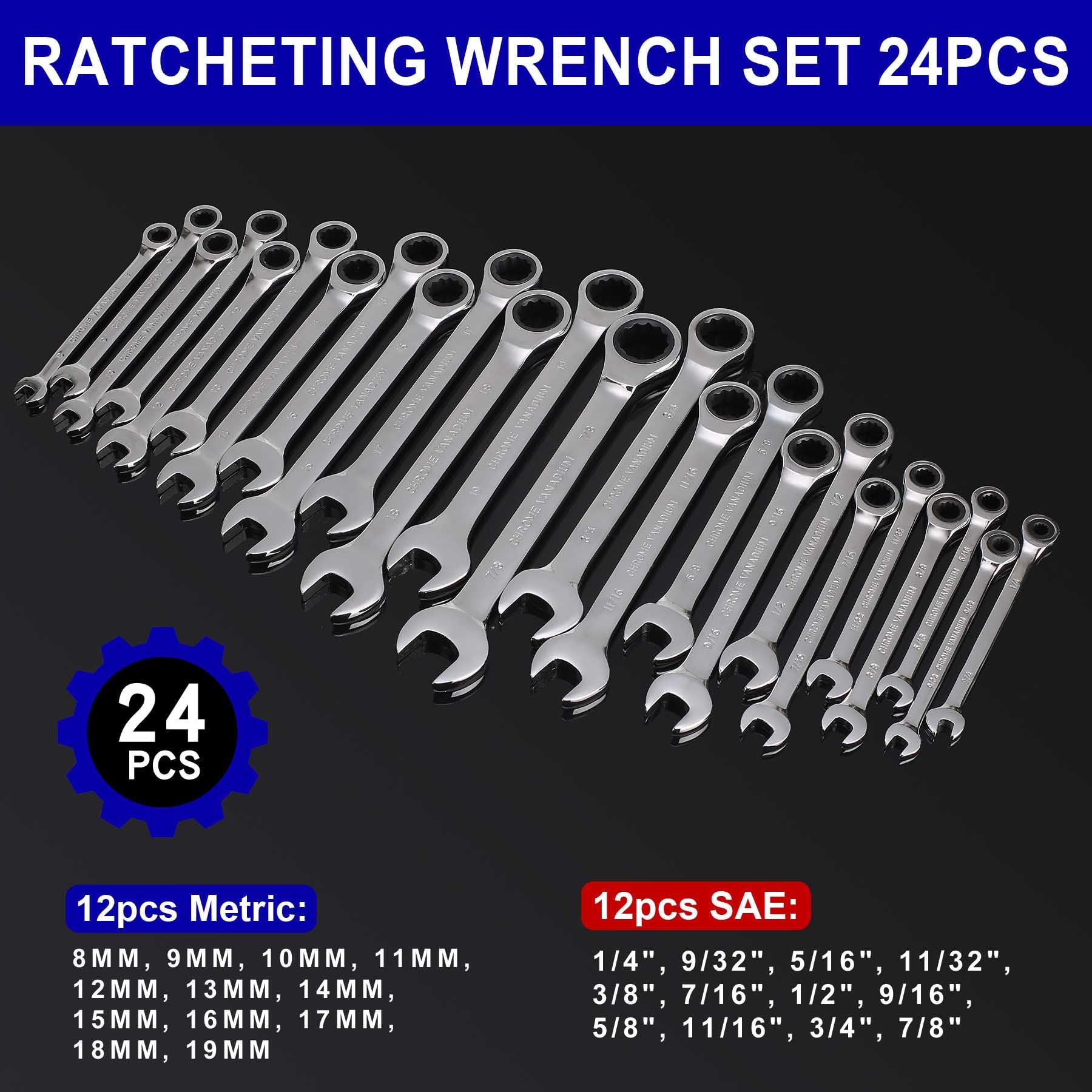 Qnkaa Juego de 24 llaves de trinquete de tamaños métricos de 8 mm a 19 mm con bolsa enrollable, perfecto para el hogar, bicicleta, reparación de automóviles, llave combinada