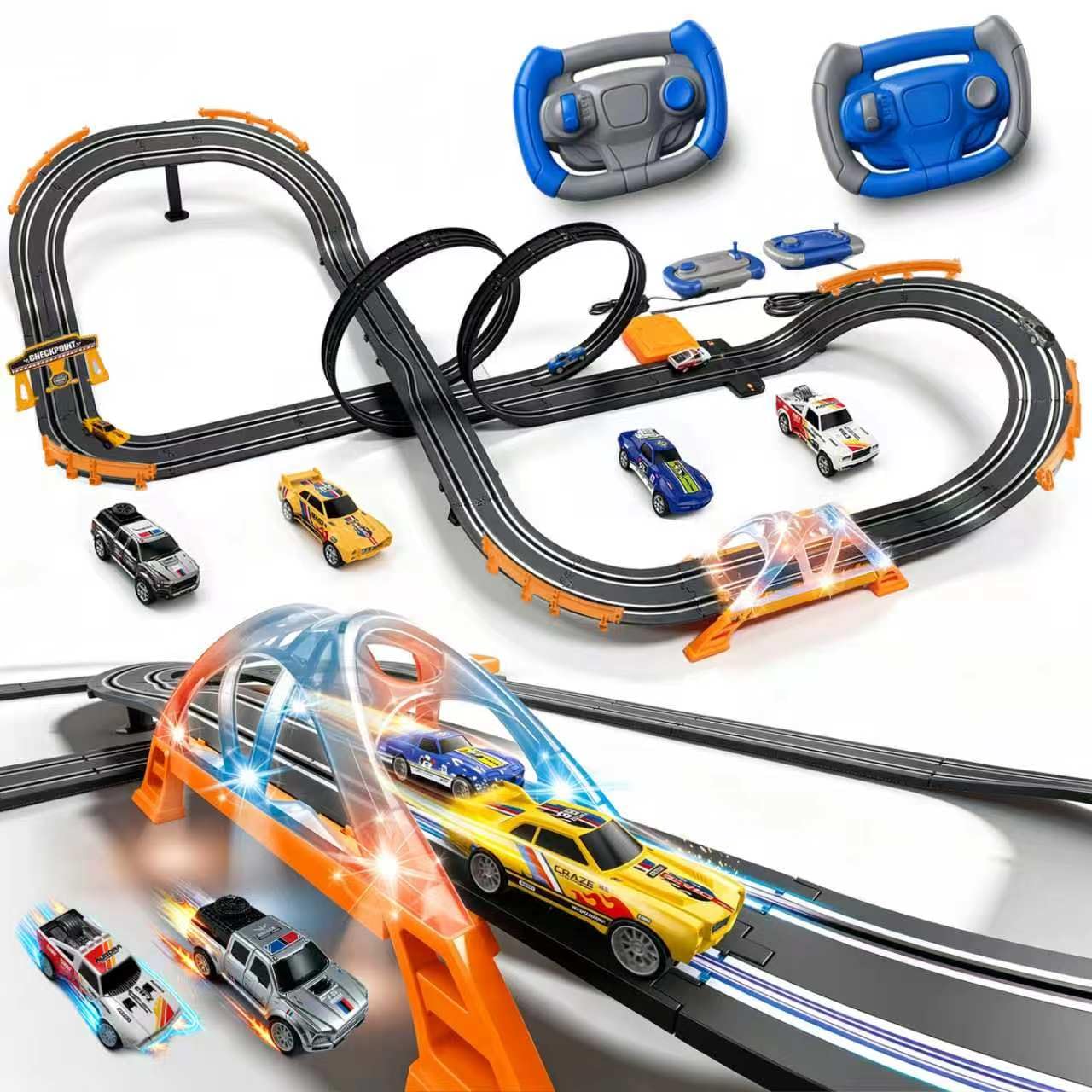 Slot Car Race Track Sets with 4 High-Speed Racing Slot Cars Electric Dual Racing Game with 2 Controllers Circular Overpass Track Featuring Flash Bridge Pendulum Gifts Toys for Boys Kids Age 6 7 8-12