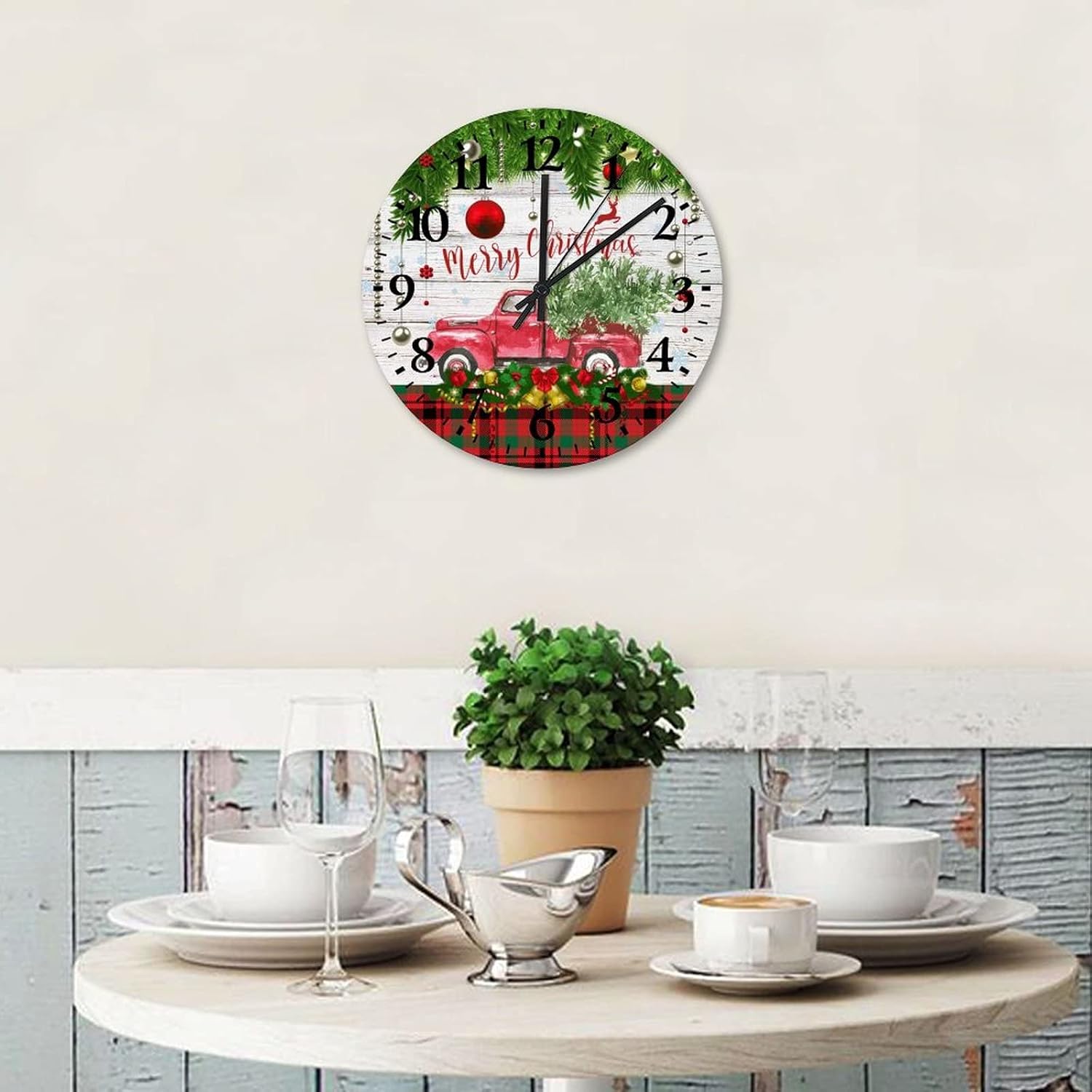 Merry Christmas Tree Truck Wood Wall Clocks 12 Inch, Red Truck with Xmas Tree Winter Holiday Christmas Cool Things for Your Room Battery Operated Silent Non-Ticking Round Arabic Numeral Clock
