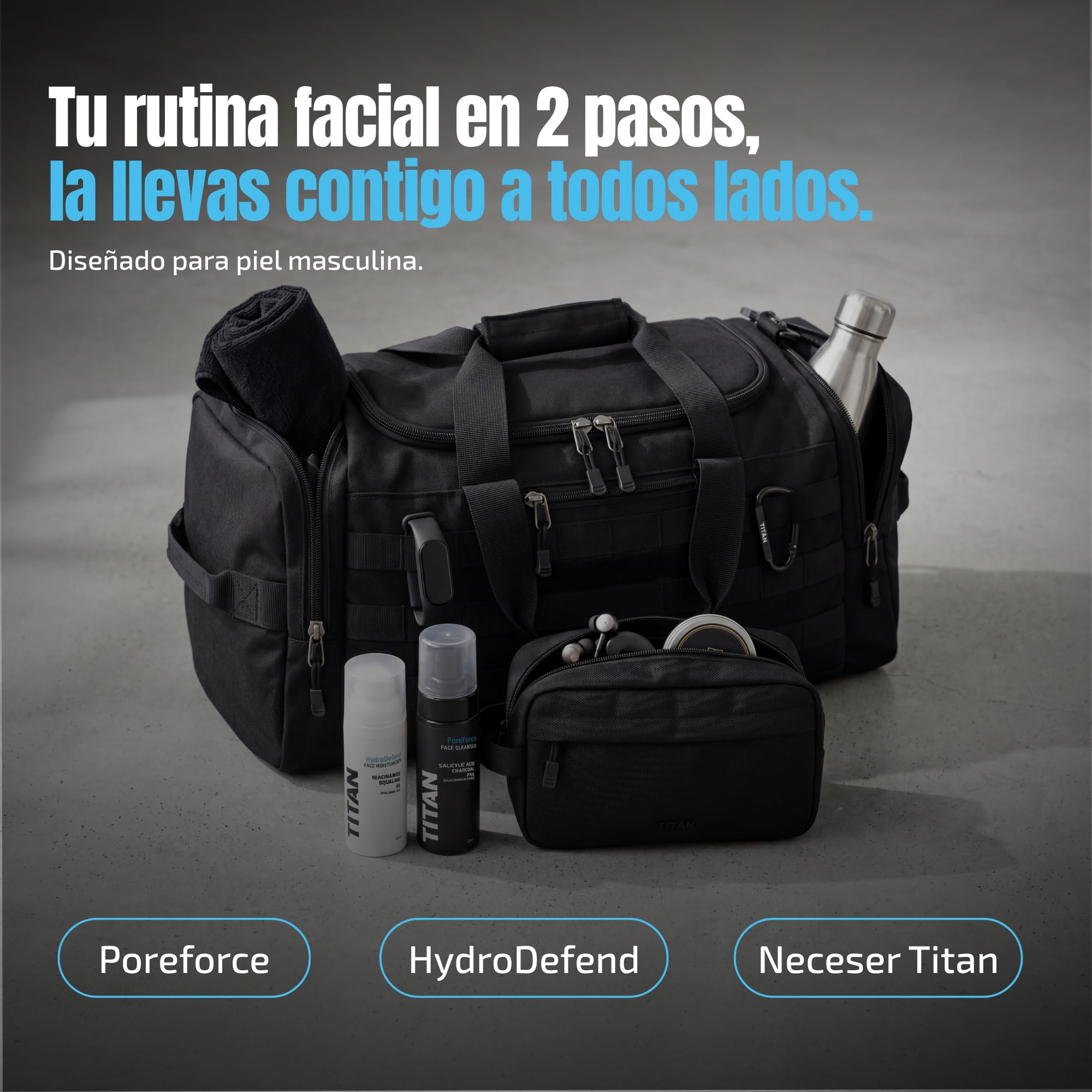 Titan Kit Cuidado Facial Hombre – Espuma Limpiadora PoreForce con Carbón Activo 150ml + Crema HydroDefend con Niacinamida y Péptidos 50ml + Neceser Nylon Balístico – Hecho en España