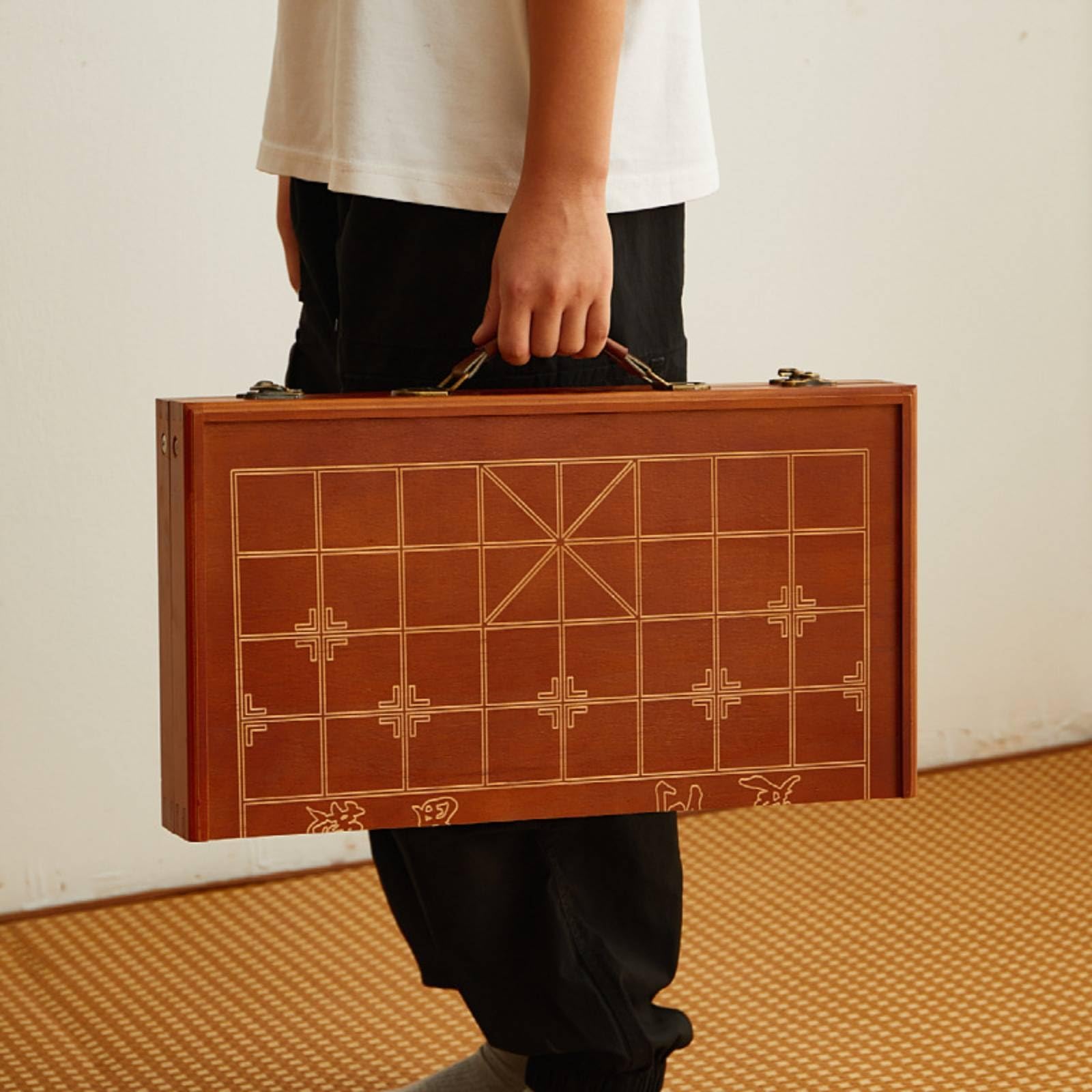 Scacchiera Pieghevole Tavolo da Gioco Legno Stile Xiangqi con Maniglia Trasporto Adatta a Allenamento Famiglia Tempo, Scacchiera Pieghevole + Scacchi In Sandalo Rosso Grandi