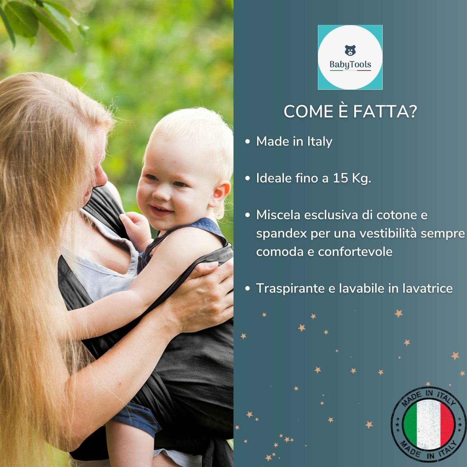 Fascia Neonato (100% Made In Italy) Con 2 BAVAGLINI INCLUSI, Fascia Porta Bebe In Cotone Organico, Fascia Neonato Porta Bebe In Tessuto Morbido, Leggero, Traspirante, Adatta Fino A 15 Kg