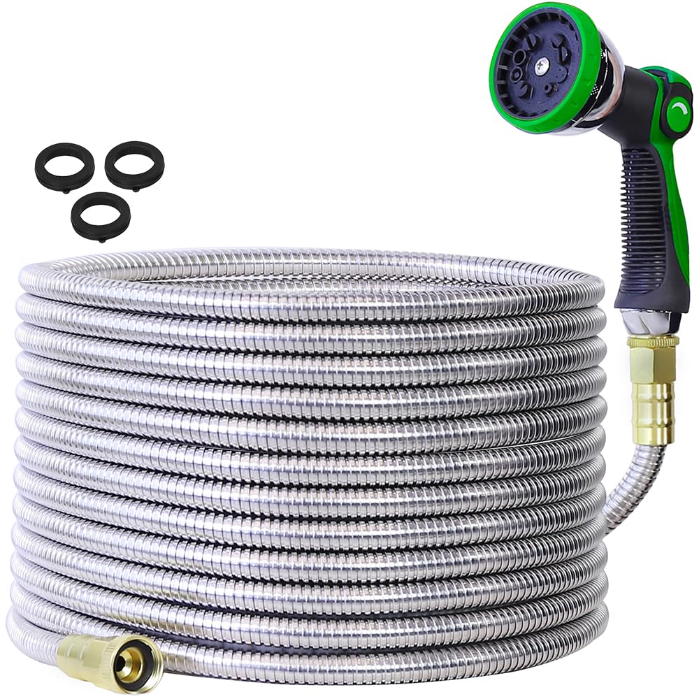 Photo 1 of 100FT Stainless Steel Metal Garden Hose - Kink-Proof & Tangle-Free, Includes 10-Pattern Spray Nozzle for Effortless Outdoor Watering and Cleaning