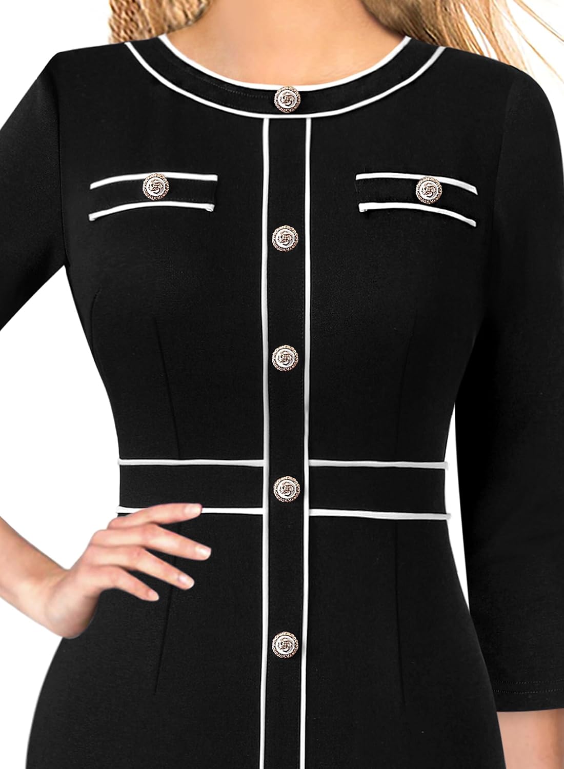 VFSHOW Womens Buttons Patchwork Work Business Office Party Bodycon Pencil Sheath Dress - Image 3