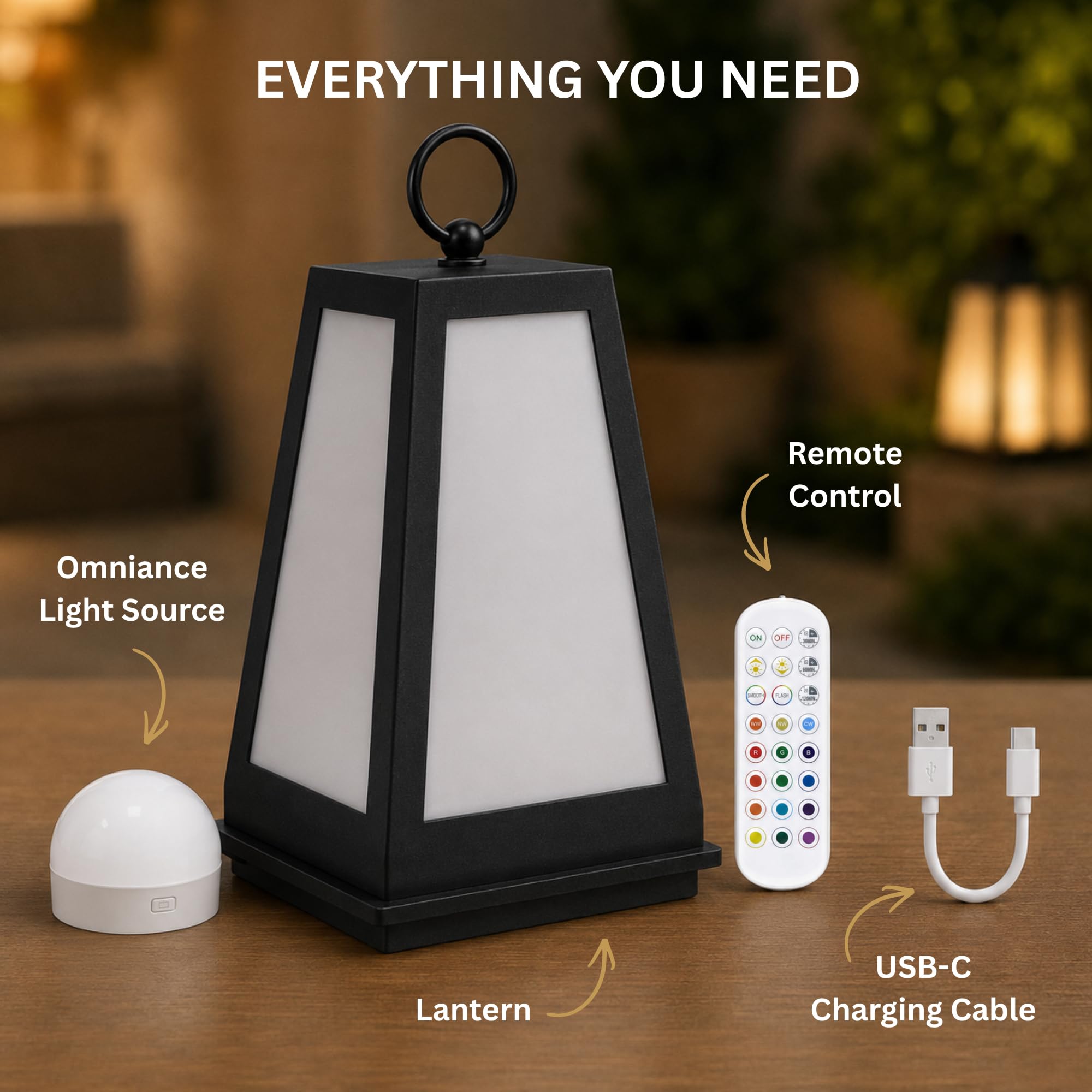 Tuscari Wiederaufladbare Gartenlaterne, IP44 kabellose Leuchte | Herausnehmbare Magnet-Lichtquelle, USB-C-Akkuladung, Farbwechsel per Fernbedienung, Aluminium schwarz