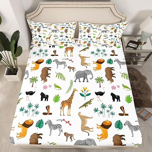 Miniatura 2 de Erosebridal Juego de sábanas de león, cebra, elefante, cocodrilo, jirafa, para niños y adolescentes, Orangutang Cobra Rinoceronte, sábana bajera