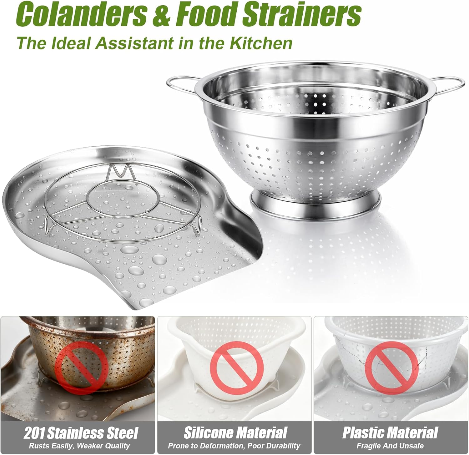 Palksky Stainless Steel Colander Set with Self-Draining Base (3 Sizes Colander Set with Handles & Self-Draining Base)