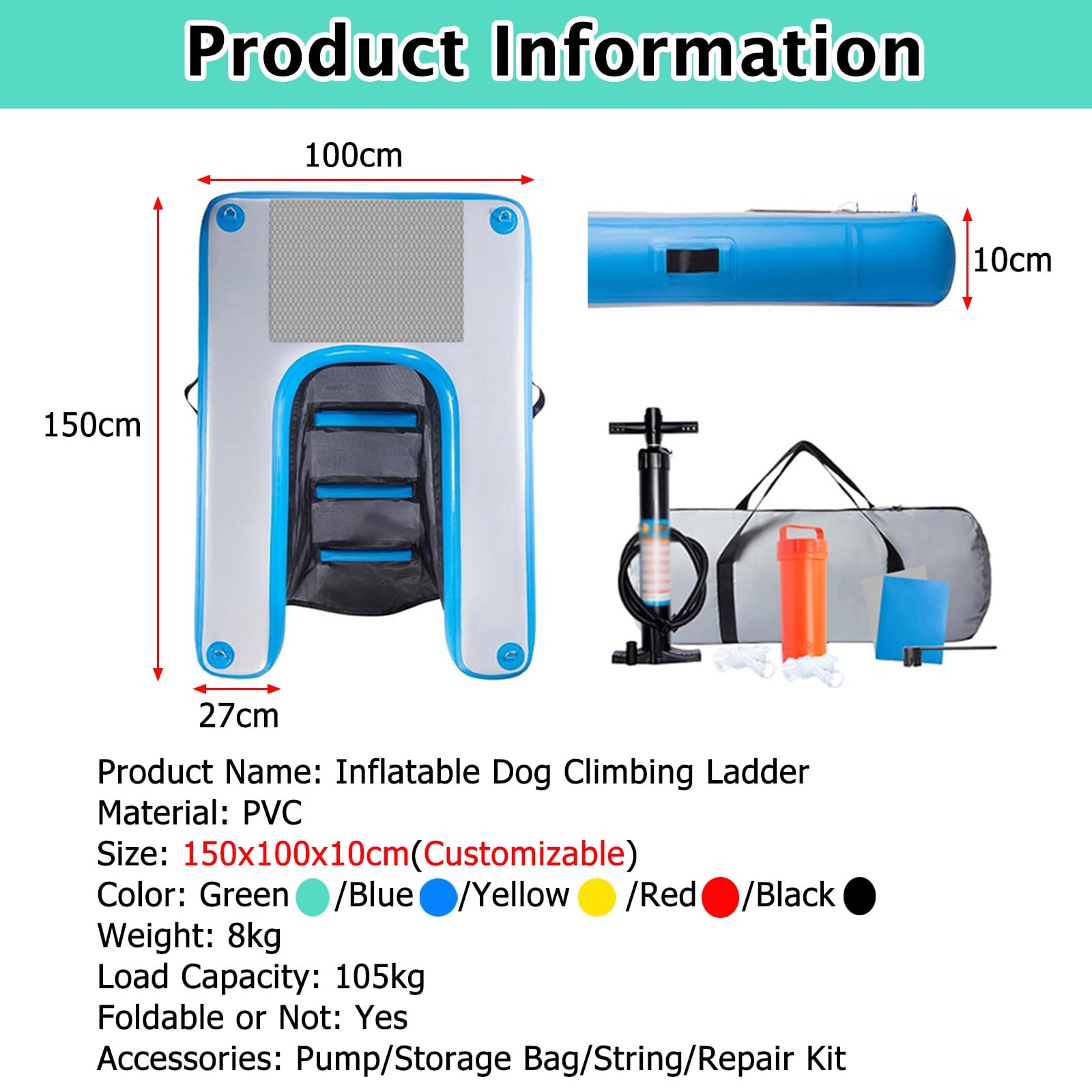 MZZKFC Inflatable Dog Water Ramp, Fold Dog Floating Ladder 4 Pack with Pump/Rope/Repair Kit, Portable PVC Pool Ramp for Dogs, EVA Anti Slip Pad, Waterproof 150cm Long(Red,Pack of 1)