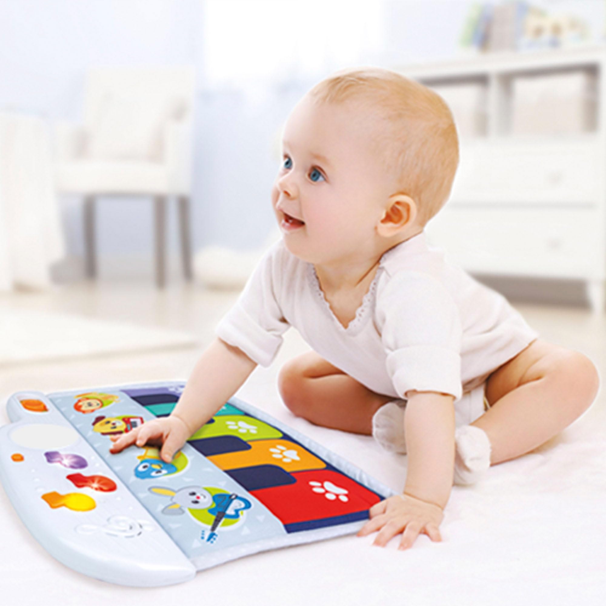 Winfun 46878 - Piano para bebés con luz y melodías para la cuna / Mi primer piano, juguete para bebes a partir de 0+, se toca con pataditas / Regalo bebé, Instrumentos musicales bebe