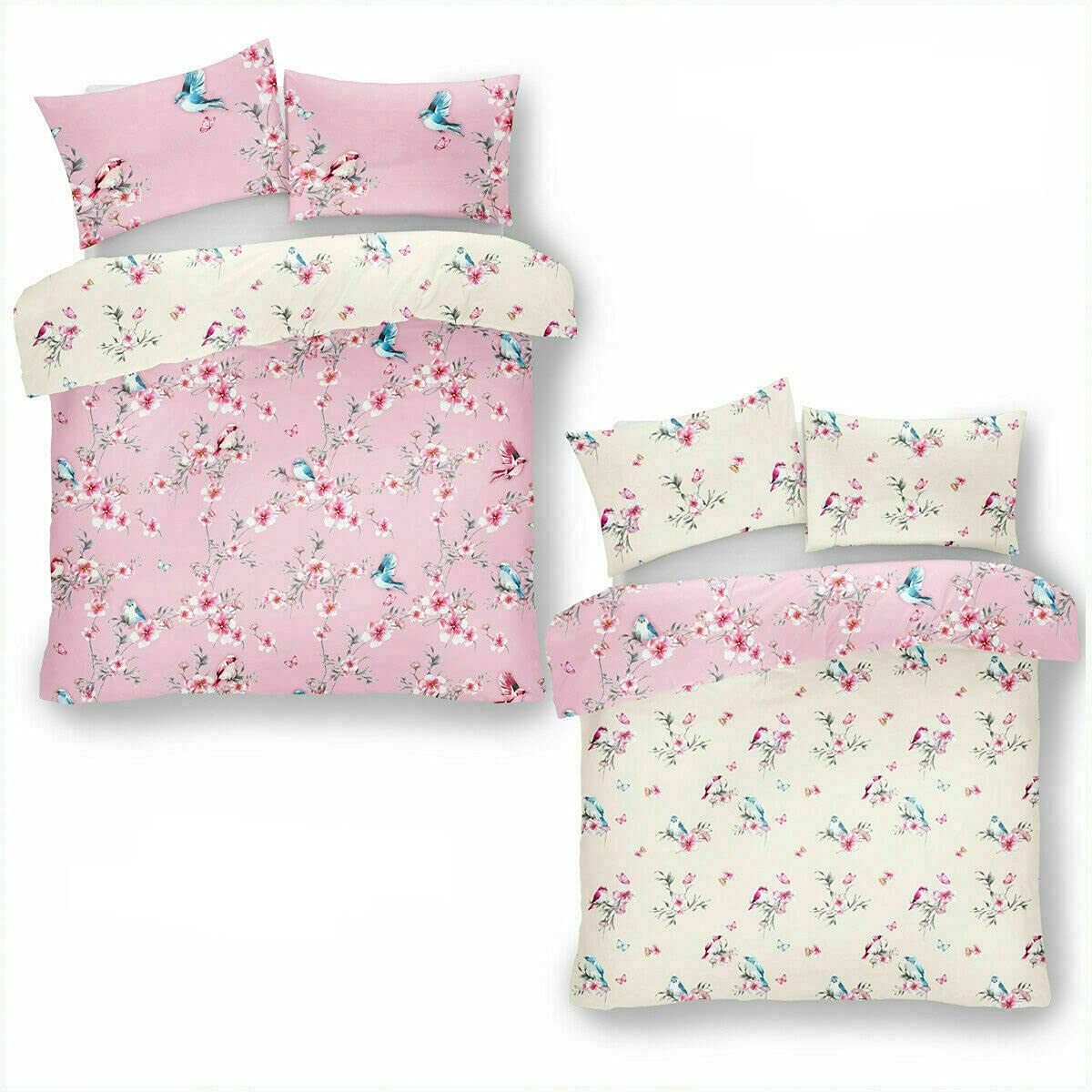 LJ Birdie Blossom Floral Birds Pattern Duvet Cover Sets Cotton Rich Quilt Cover Sets Fully Reversible Bedding Sets (Pink, King Size)
