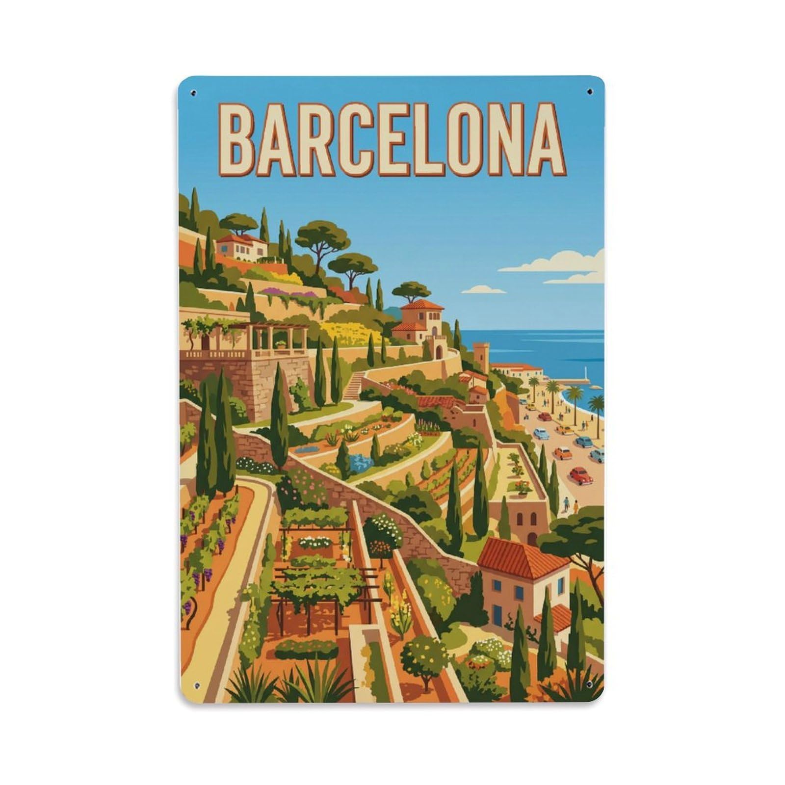 Vintage Travel Hillside Spain Terraced Metal Tin Sign Plaque Wall Decor for Cafe, Club Bar, Office, Home Garden Metal Poster 8x12Inch