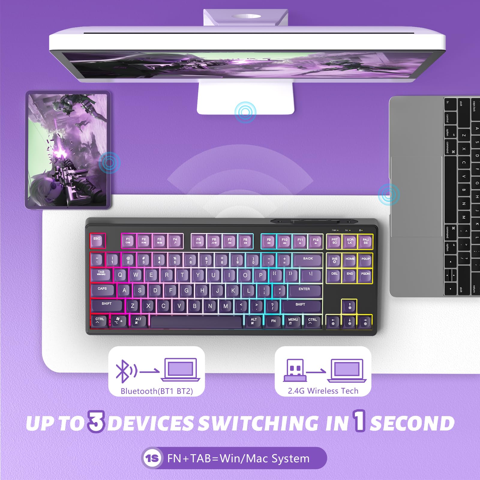 ATTACK SHARK X FREEWOLF M87 Tastiera da Gioco Wireless all'80%, TKL RGB SA Tastiera PBT Bluetooth/2.4Ghz, Batteria da 4000 mAh per Mac/Win, Ufficio/Giochi, QWERTY - Sfumatura Viola