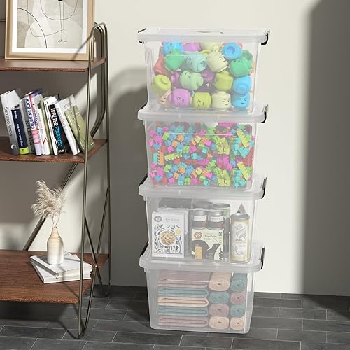 Miniatura 5 de Paquete de 4 cajas con cierre con asa, contenedores de almacenamiento de plástico transparente de 20 L con tapa