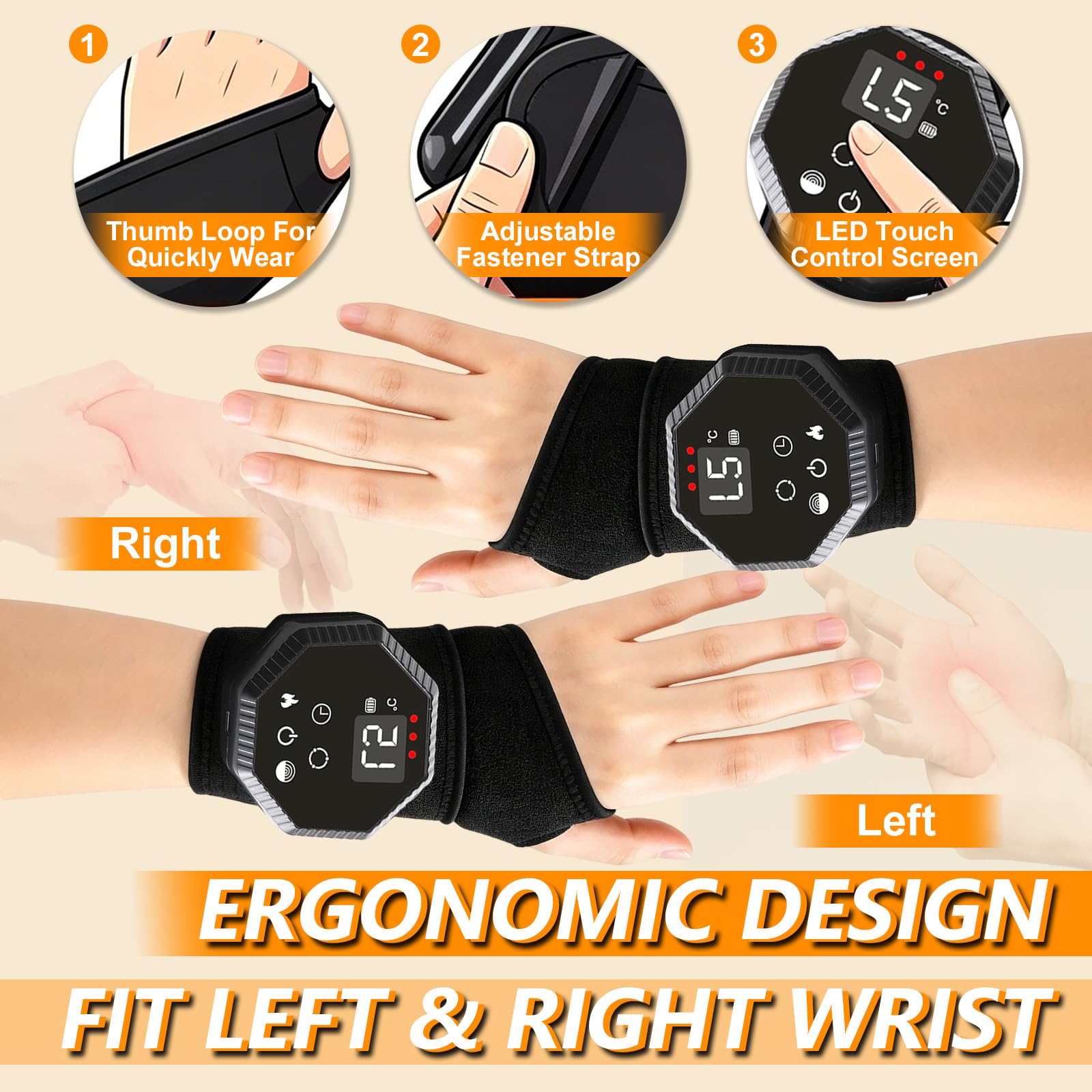 Handgelenk Massagegerät mit Rotlichttherapie, 3 Heizstufen & 5 Vibration | Elektrisches Handmassagegerät, Linderung bei Karpaltunnelsyndrom, Arthritis und Sehnenentzündung, Schwarz, 2 Stück