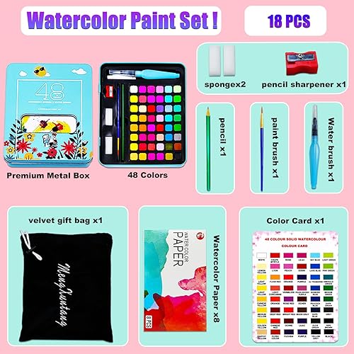 Miniatura 2 de JUNQIU - Juego de pintura de acuarela, 48 colores en caja portátil, juegos de acuarela, pinceles, bolígrafos de pincel de agua, papeles de acuarela