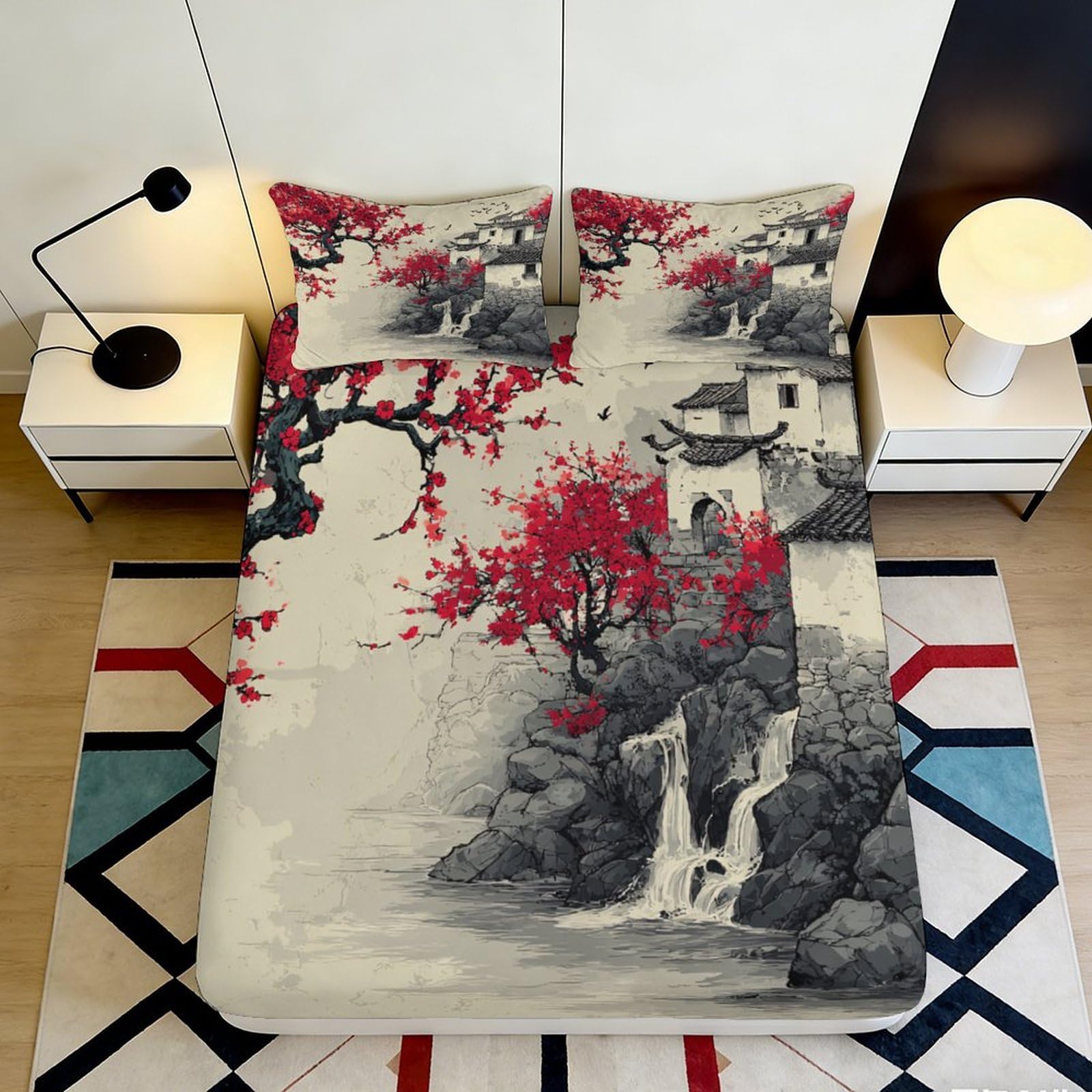 3D Printed Red Blossom Waterfall Fitted Sheet Microfiber Soft Bed Cover Asian Landscape Bedroom Decor 90x200x25cm