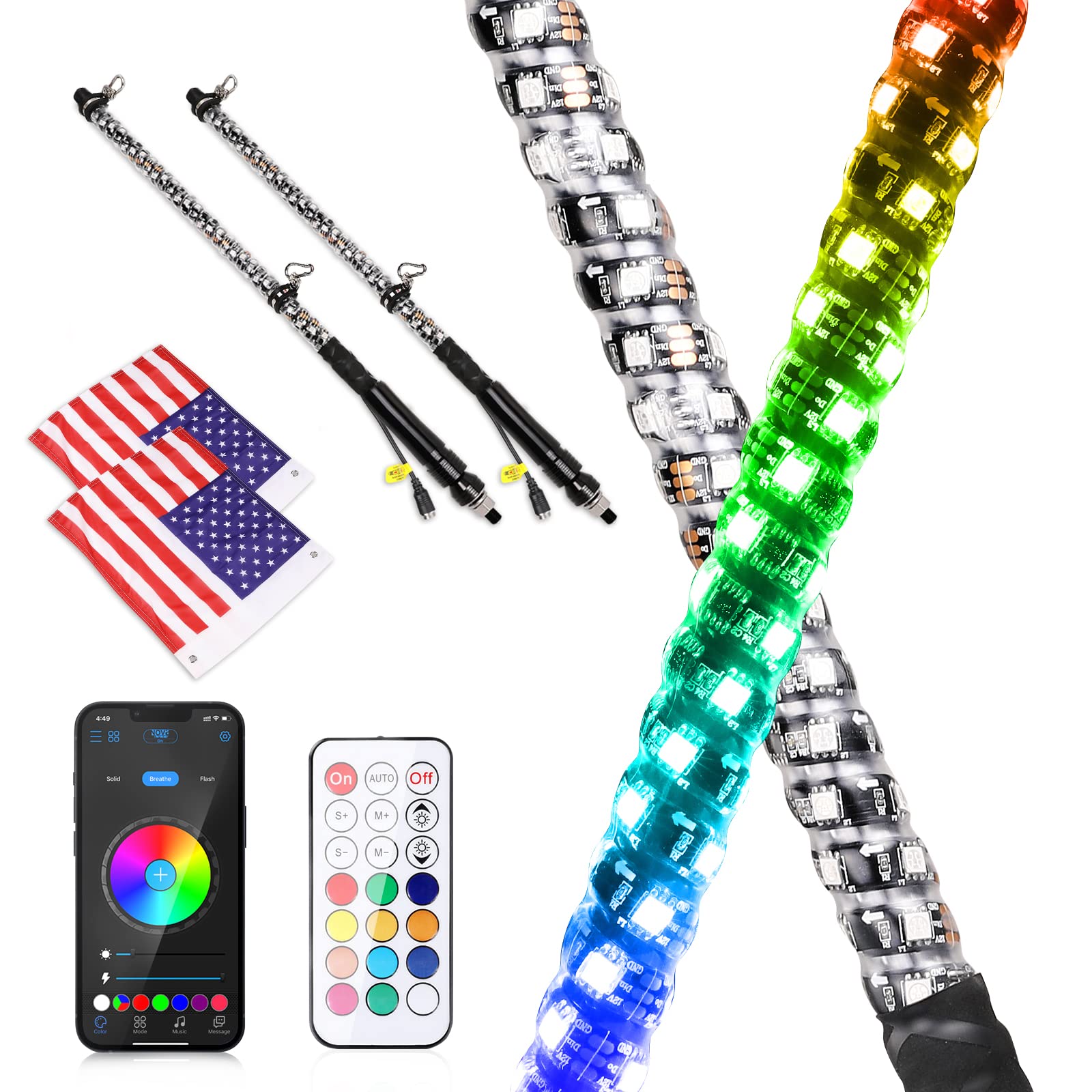 Photo 1 of LED Whip Lights, AKD Part 2PCS 2FT UTV ATV Lighted Whips Bluetooth APP/Remote Control RGB LED Whips Antenna with Flags for Trucks Side by Side RZR Can-Am Kawasaki Honda Yamaha Accessories 2FT APP&Remote Control