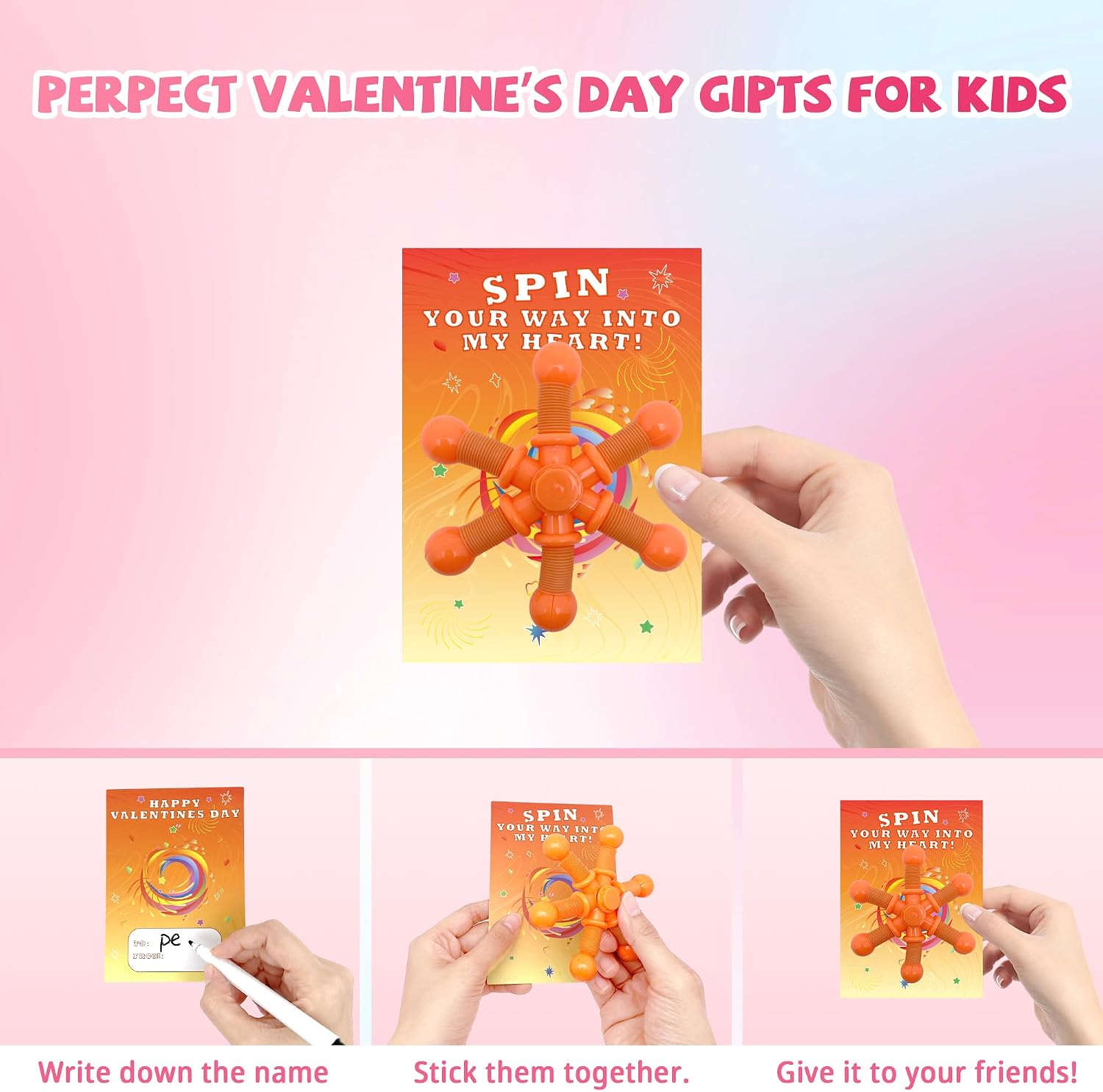 Gocozer 28 Pack Kids Valentine's Cards with Pop Tubes Finger Spinner, 56 Count Unisex Kids Party Favor for Valentine's Day image 4