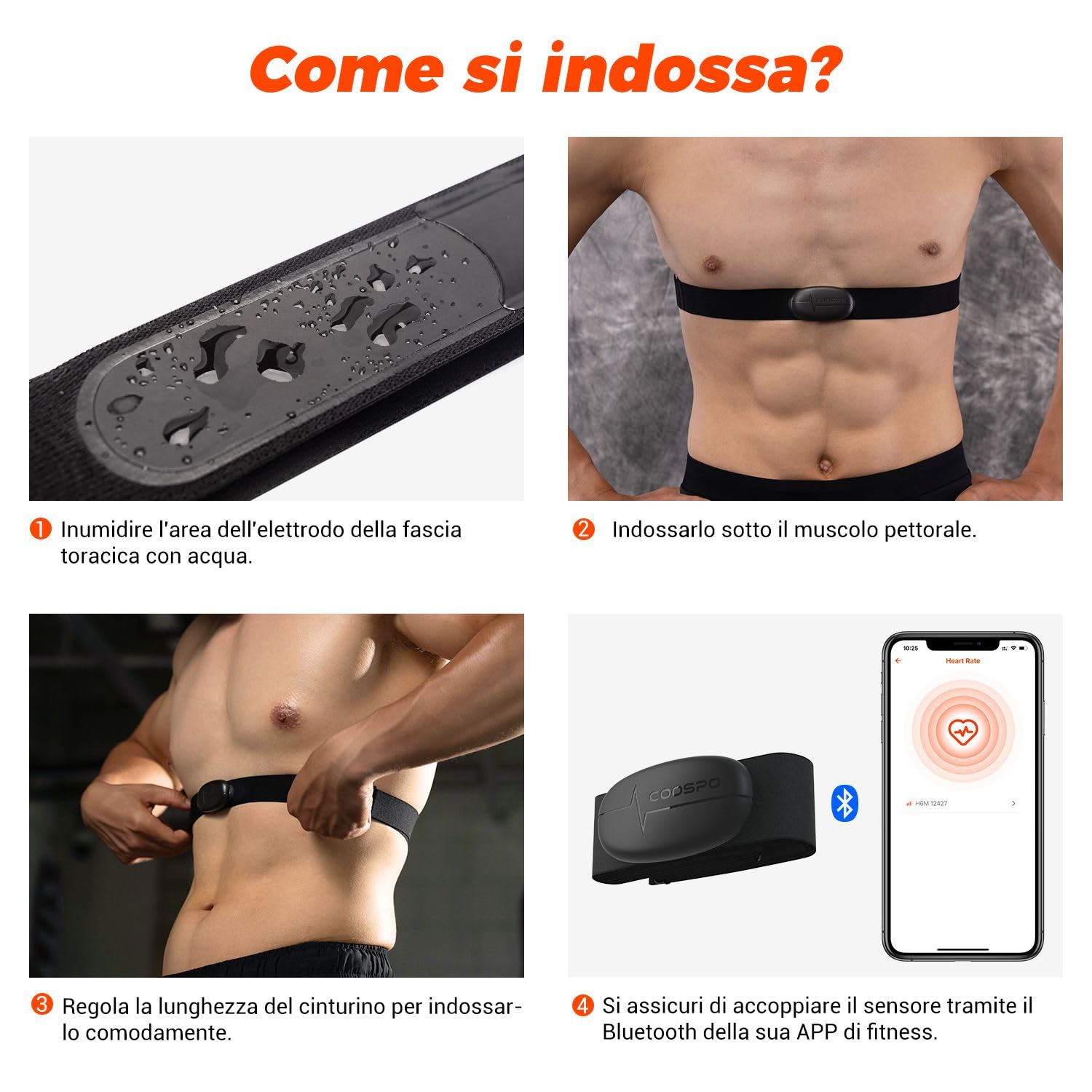 COOSPO Fascia toracica con cardiofrequenzimetro H6, Bluetooth ANT+ HRM, per corsa, ciclismo, palestra e sport