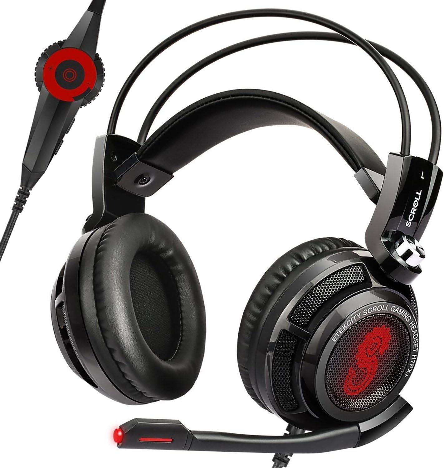 Etekcity H7PX+ 7.1 Channel Virtual Surround Sound Scroll Gaming Headset with Mic, Over Ear Noise Isolation Pads (Black/Red)