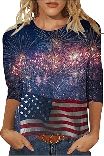 Women's 4th of July Shirt Patriotic American Flag Oil Paint Graphic Tee Independence Day 3/4 Sleeve Summer T-Shirt Top