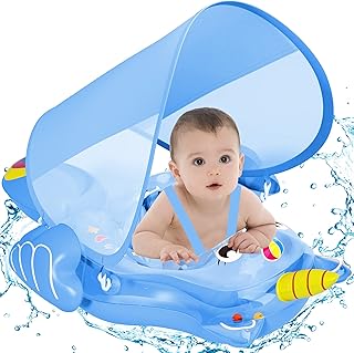 Baby Pool Float, Danxilu Inflatable Infant Swimming Floats with Canopy UPF 50+ Sun Protection, Add Tail No Flip, Support Breaststroke/Backstroke Baby Swim Floaties for Newborn 3-36 Months Toddler