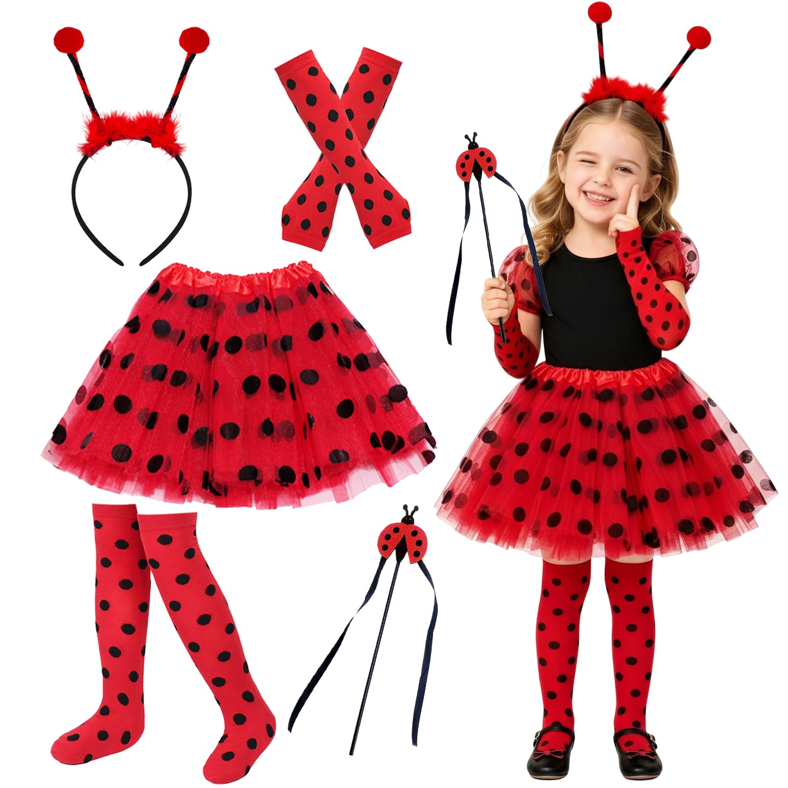 Ladybird Costume Girls 3-7Y, Polka Dot Tutu + Arm Covers + Leg Warmers+Ladybird Headband+Magic Wand, Lady Bug Costume Accessories Animal Costume Kids World Book Day Carnival Cosplay Party Performance