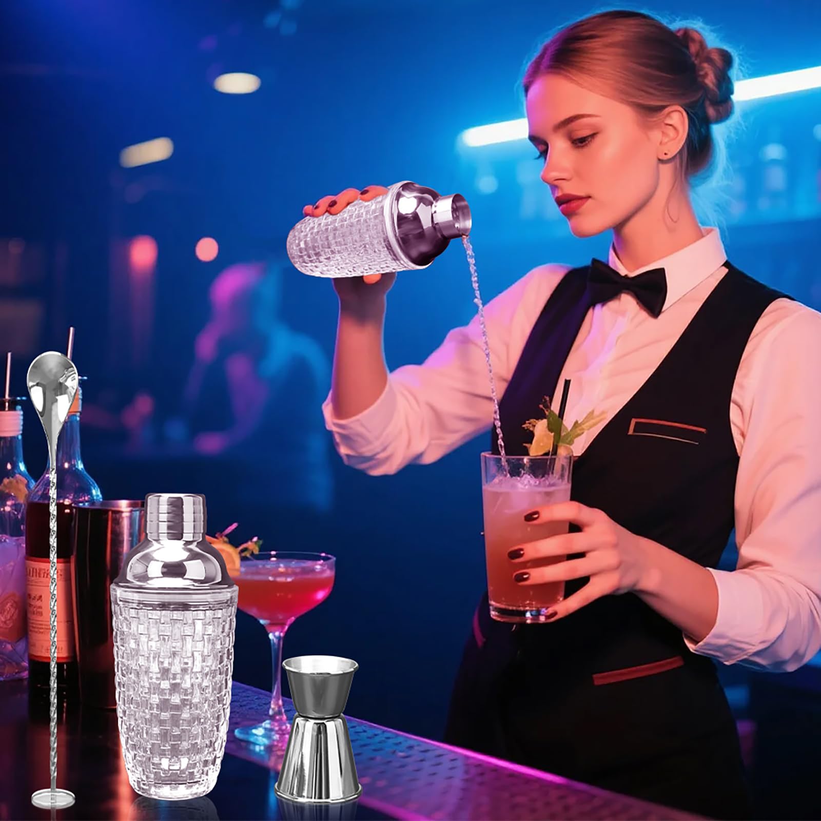 Coctelera de cristal, juego de coctelera de 400 ml, mezclador de cristal con vaso medidor de acero inoxidable y pala, coctelera para el hogar, bar, vino, zumos de frutas mixtas, bebidas, plata