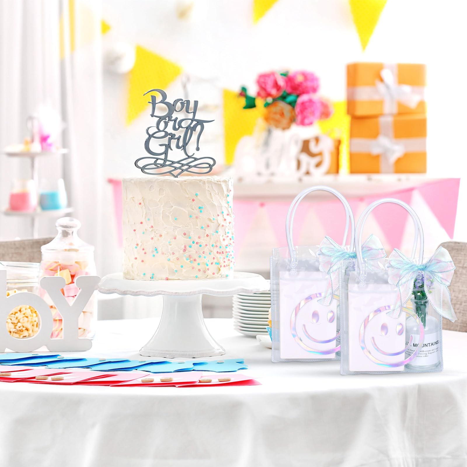 FYSUIMU 24 bolsas de regalo holográficas de PVC transparente con asa para regalo de fiesta con cara feliz con cinta para bodas, cumpleaños, baby shower