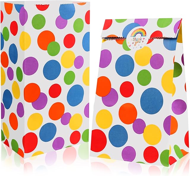 20PCS Paper Party Bags, AUERVO 13 x 24cm Kraft Paper Candy Bag Rainbow Dots Paper Bag Food Treat Bags with Sticker for Birthday Wedding Sweets