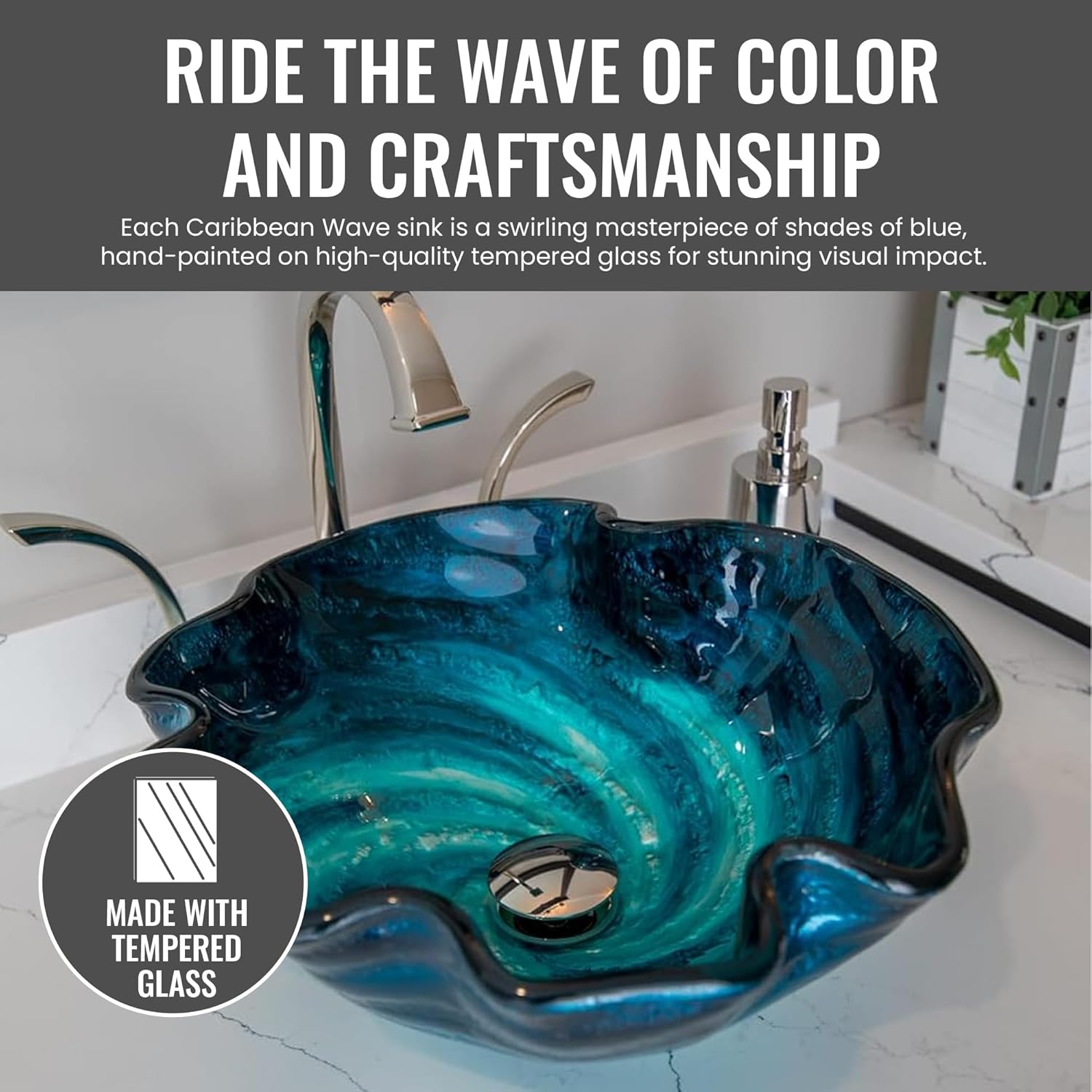 Eden Bath Caribbean Wave Round Glass Sink Bowl Bathroom Vessel Sink for Vanity Top