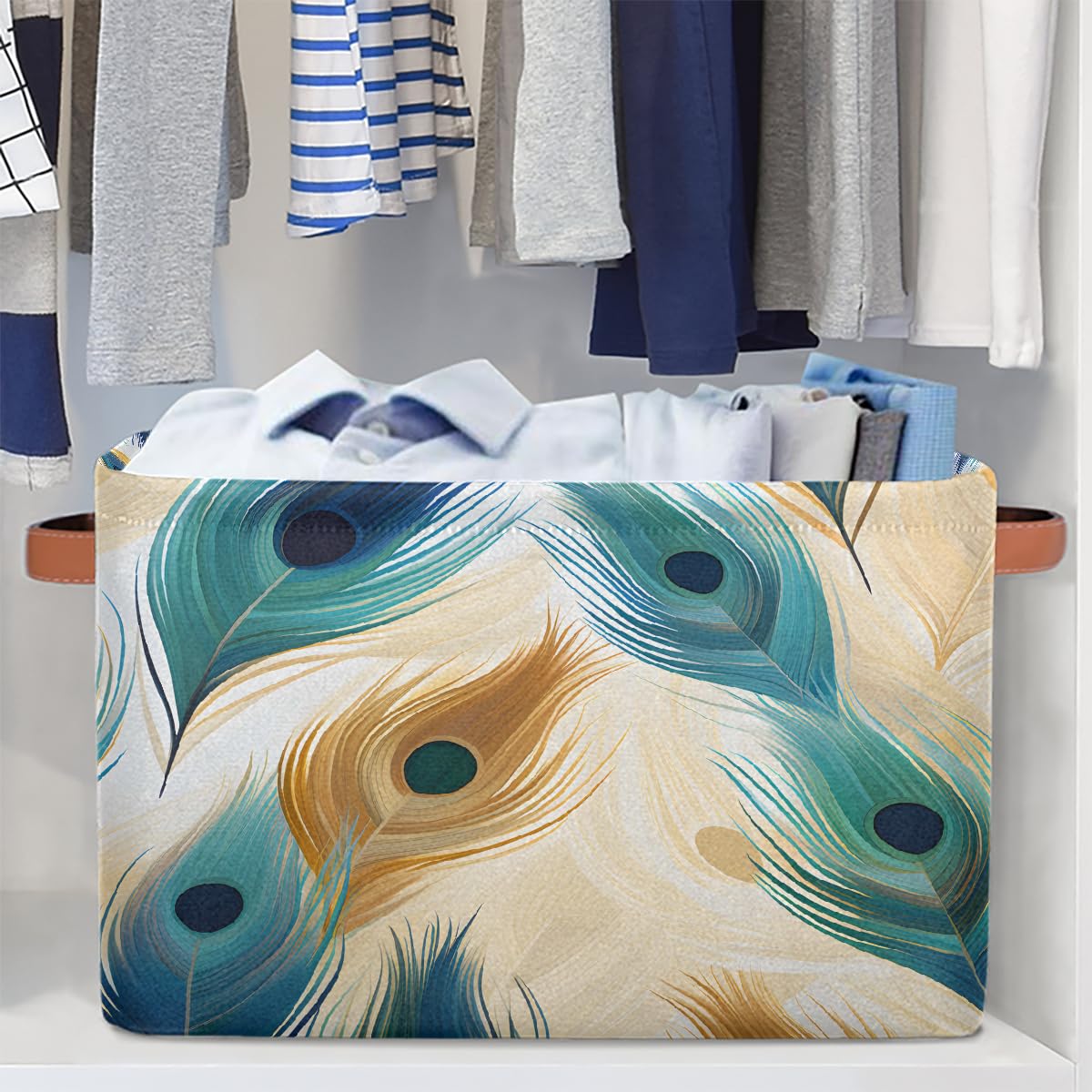 Mexpekil Cesta de almacenamiento plegable con patrón de plumas azules de pavo real, caja de almacenamiento de juguetes para niños, organizador de tela para estantes, cesta de regalo grande con asas, 2