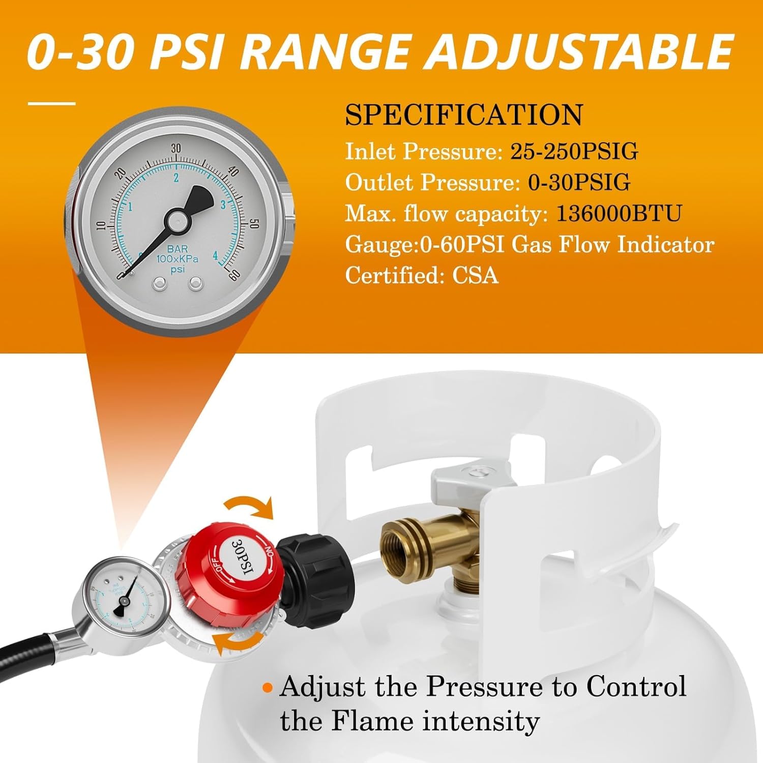 NUPICK 6FT 0-30 PSI Adjustable High Pressure Propane Regulator with 0~60PSI Gauge Gas Flow Indicator，Propane Regulator with Hose for LP Gas Cooker, Burner, Turkey Fryer, Smoker