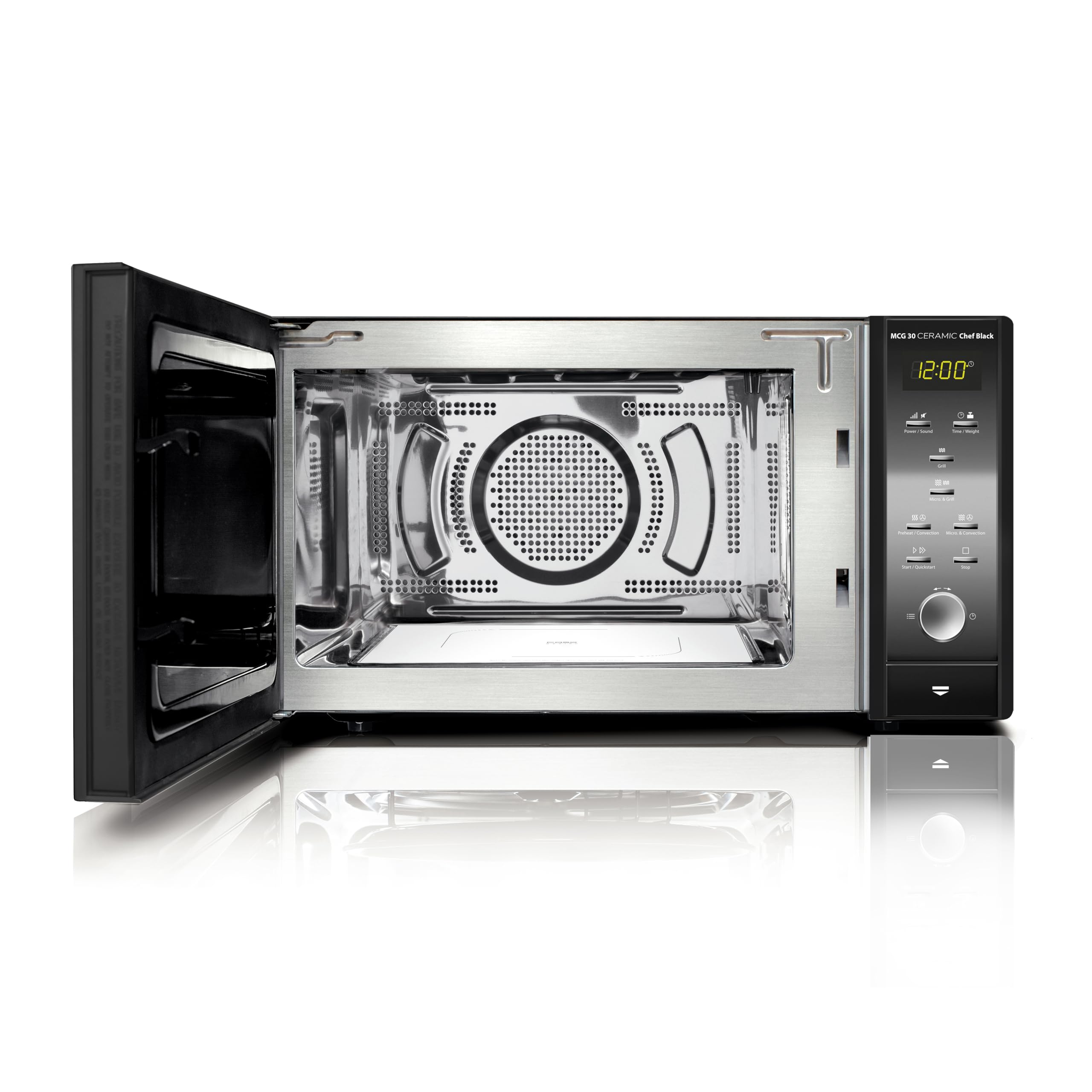 CASO MCG30 Ceramic chef Black, 3in1 Mikrowelle mit Grill + Heißluft 2100W 30L, Borosilikatglasboden, Backofen-Funktion bis 200°C