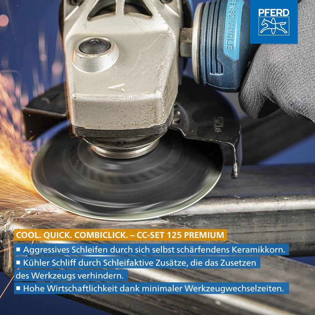 PFERD TOOLS COMBICLICK Fiberscheiben-Set, 9-teilig | Keramikkorn Ø 125mm CO-COOL 36, 60, 80, 120 inkl. Stützteller | 42098002 – für kühlen Schliff auf Edelstahl mit dem Winkelschleifer