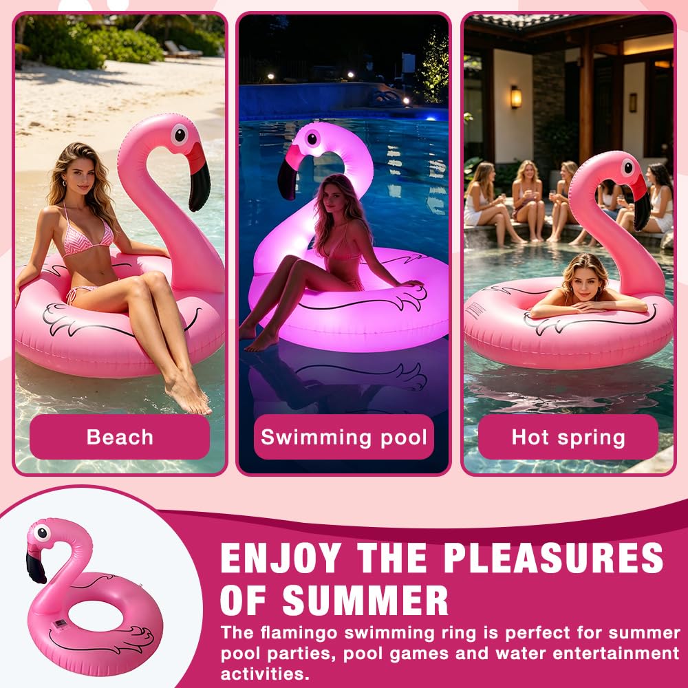 Mineup Bouée Flamant Gonflable avec Lumières Solaires, Bouée Gonflable Flamant Rose, Anneau De Natation Gonflabl en Forme De Flaman Rose pour Adulte pour Piscine, Plage Et Fêtes D’Été (100x90 Cm)