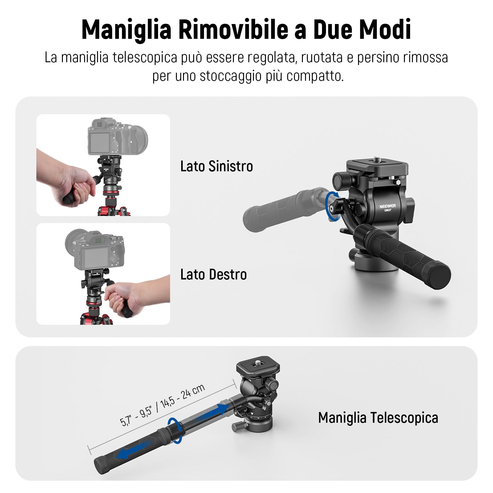 NEEWER Testa Fluida per Treppiede con Base di Livellamento +/-10°, Testa Video Pan Inclinabile con Piastra QR Arca, Maniglia Telescopica, Panno Pulizia per Videocamera Fotocamera DSLR, Max 4kg, GM27