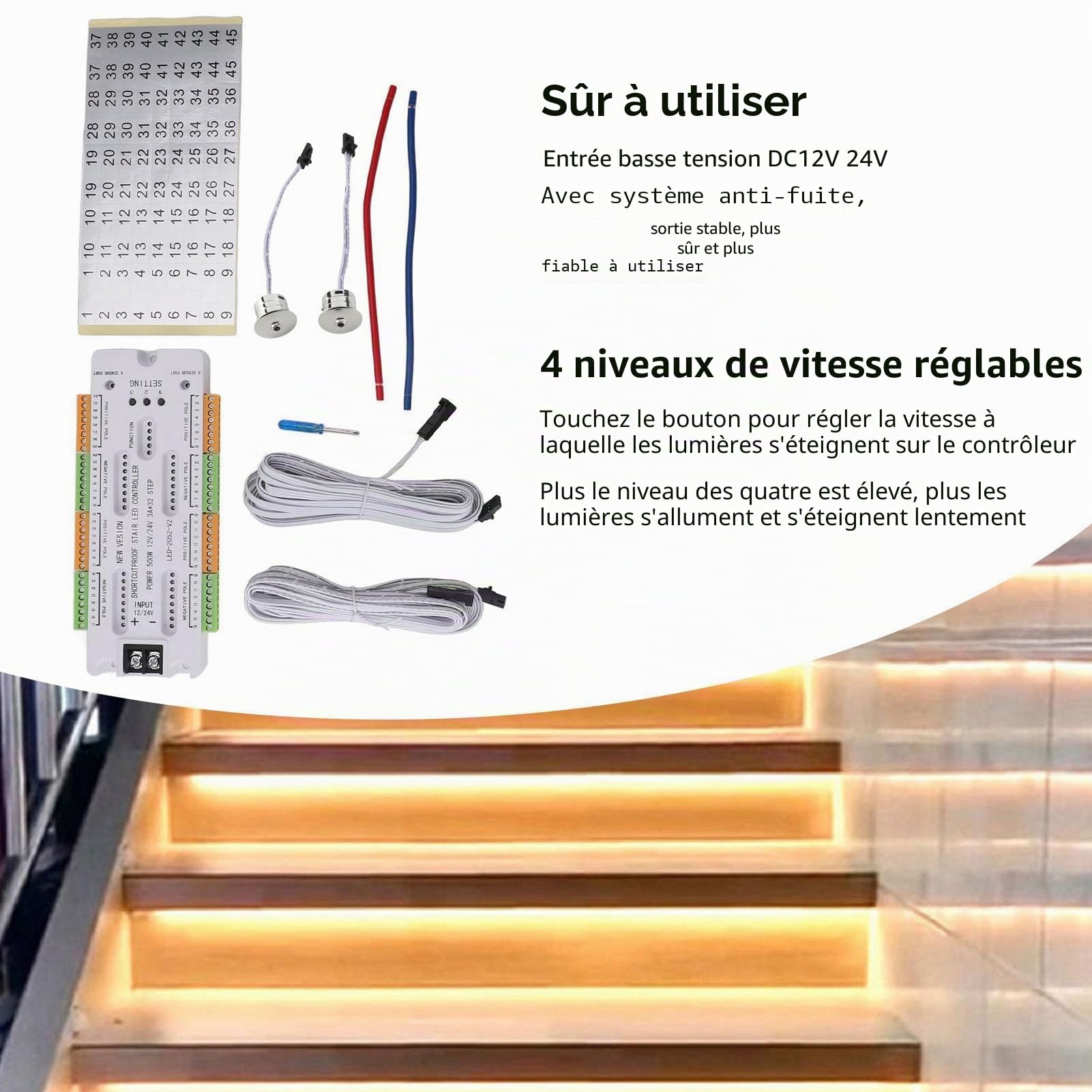 SIXRUN Contrôleur d'éclairage d'escalier à LED de Capteur de Mouvement, éclairage Automatique, Contrôle Flexible, Contrôleur ' 'escalier LED du Capteu