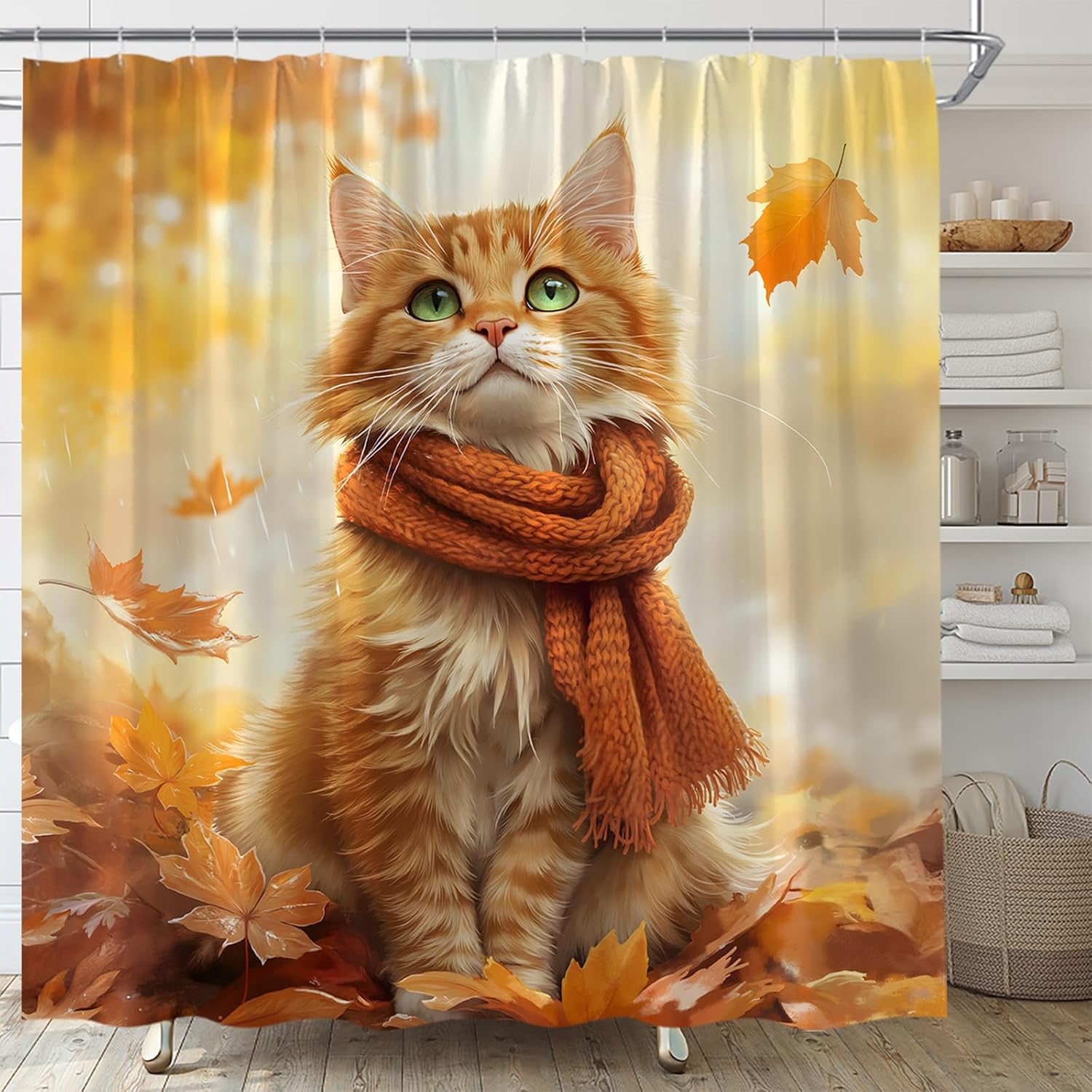 Fall Cat Shower Curtain Cute Kitten Falling Maple Leaves Autumn Thanksgiving Harvest Rustic Farmhouse Fabric Bathroom Decor Set with Hooks,(70" Wx74.8 H)