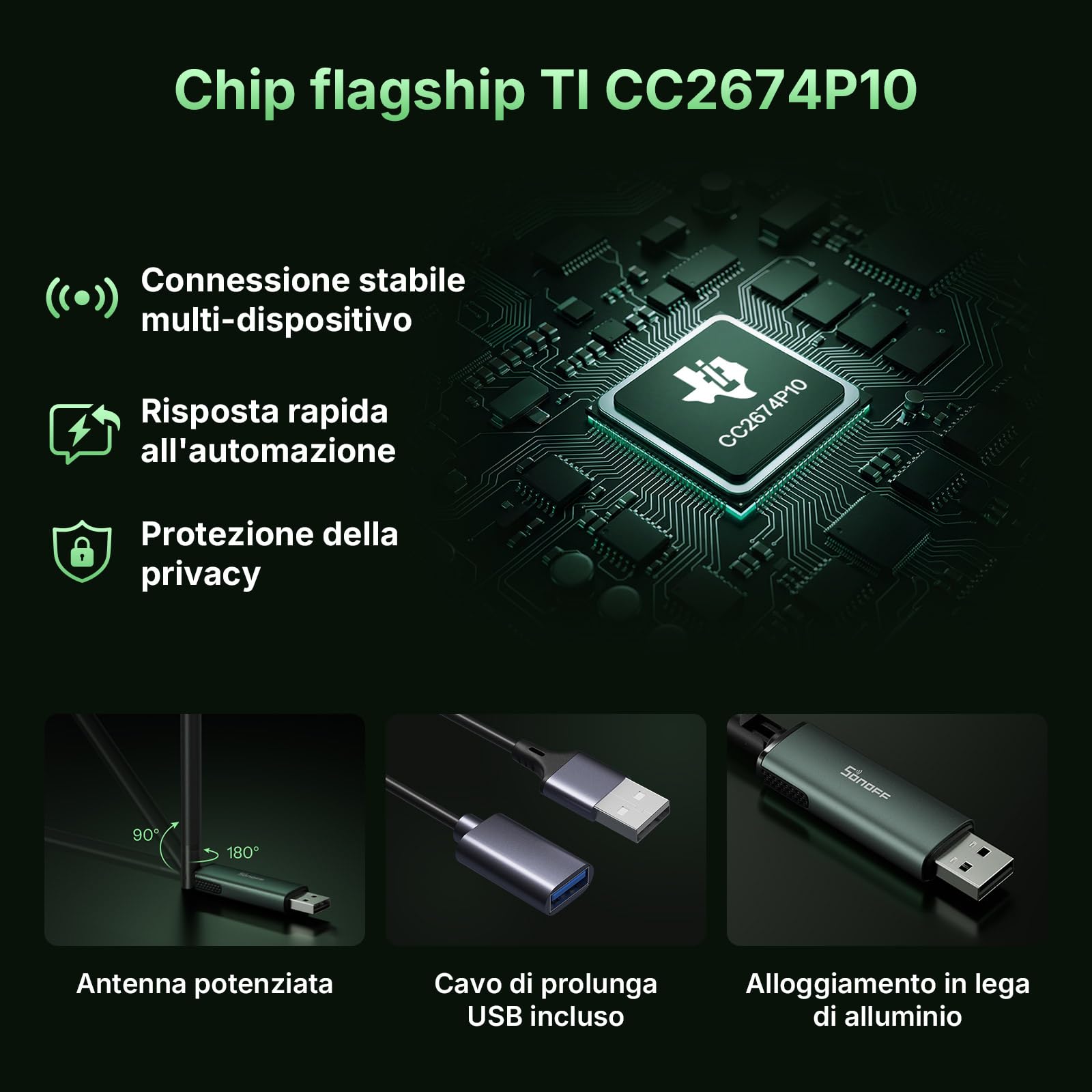 SONOFF Zigbee USB Dongle Plus CC2674P10 (Dongle-PP10) | Zigbee Gateway & Thread Border Router con chip TI CC2674P10, multi-protocollo Open Source ZHA in Home Assistant & Zigbee2MQTT