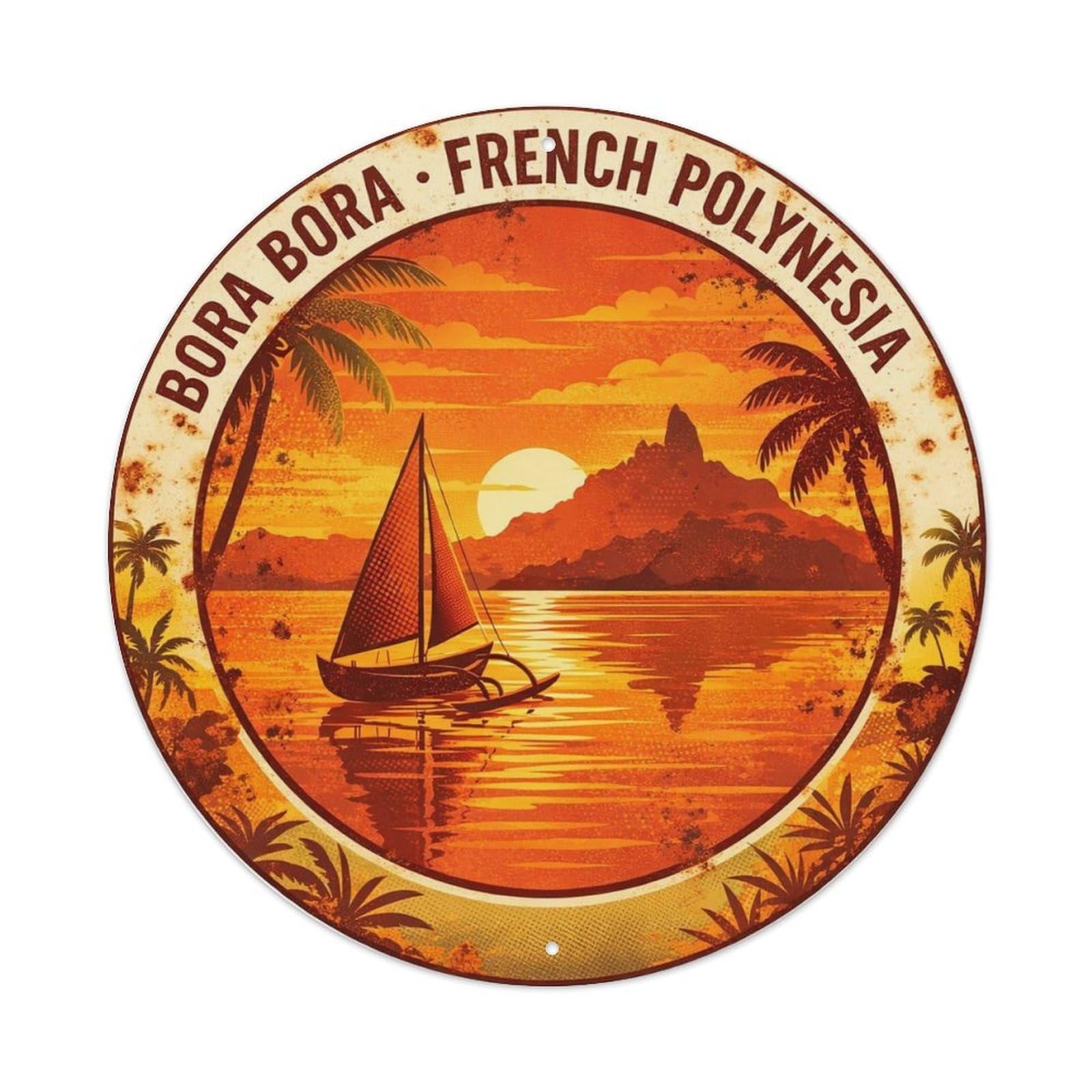 Olyhtr 8X8inch Classic Style Sunset Sailboat Borabora Lagoon Travel Vintage Metal Tin Sign