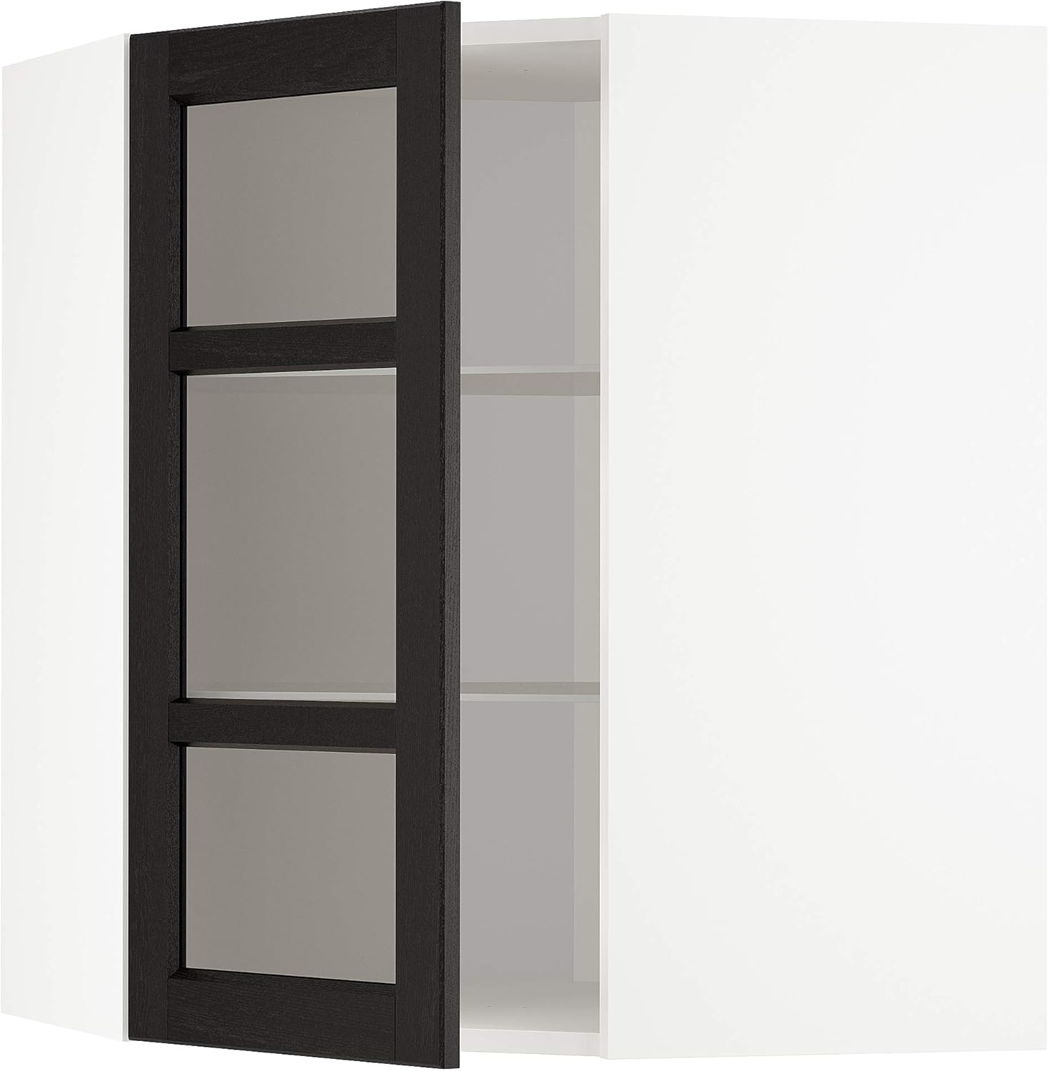 METOD Corner wall cab w shelves/glass dr, white/Lerhyttan black stained, 68x80 cm