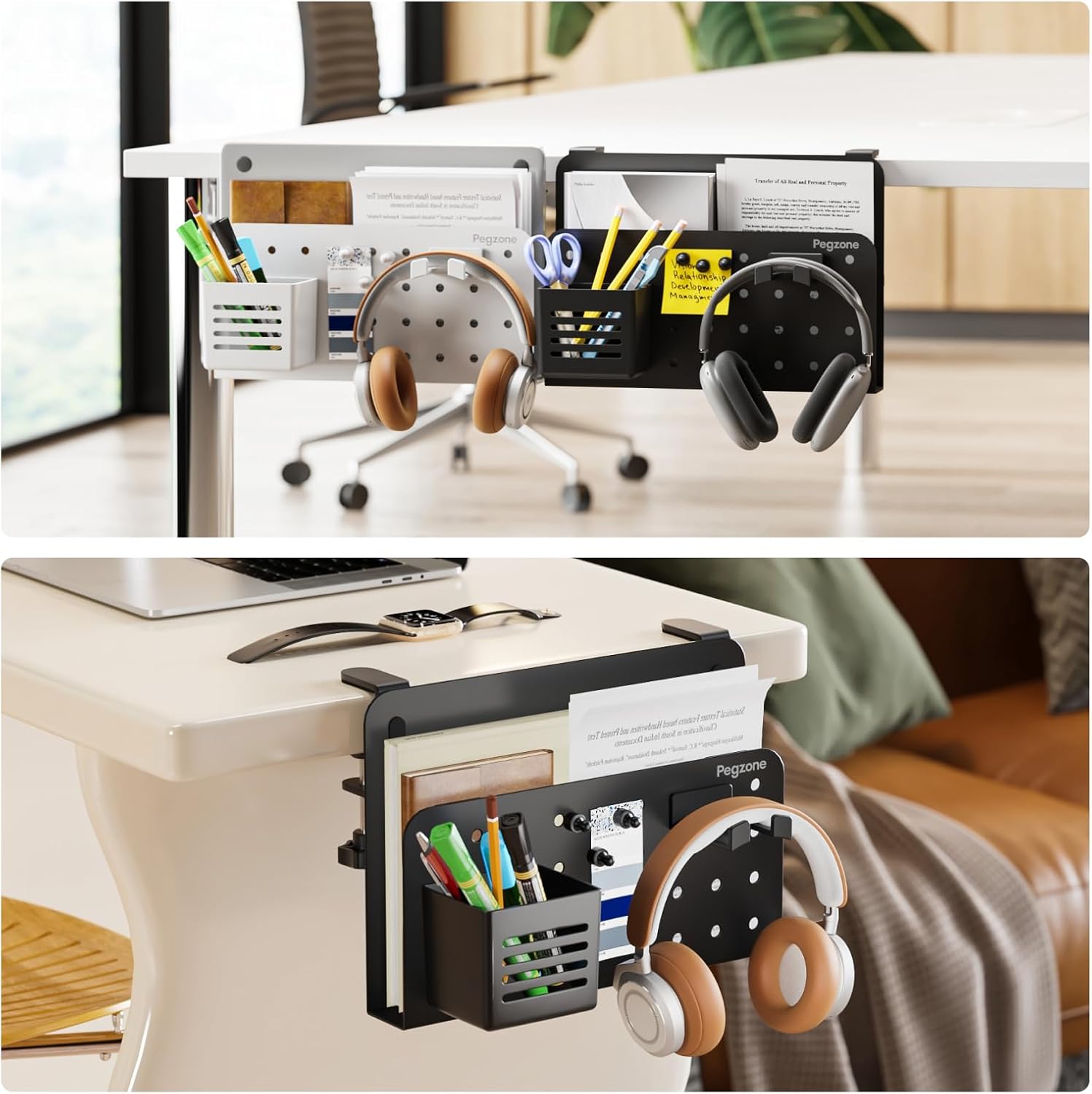 PEGZONE Desk Side Storage Organizer, No Drill Under Desk Laptop Holder, Clamp on Desks Shelf with Pegboard Accessories, Hanging Laptop Mount, Fits Flat Edge 0.4" to 2.2", Black